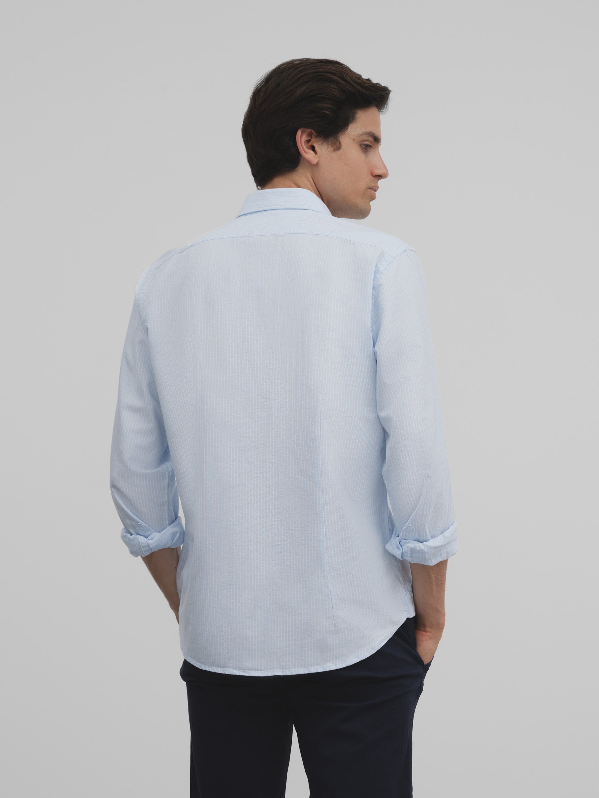 Light blue white thin stripe oxford sport shirt