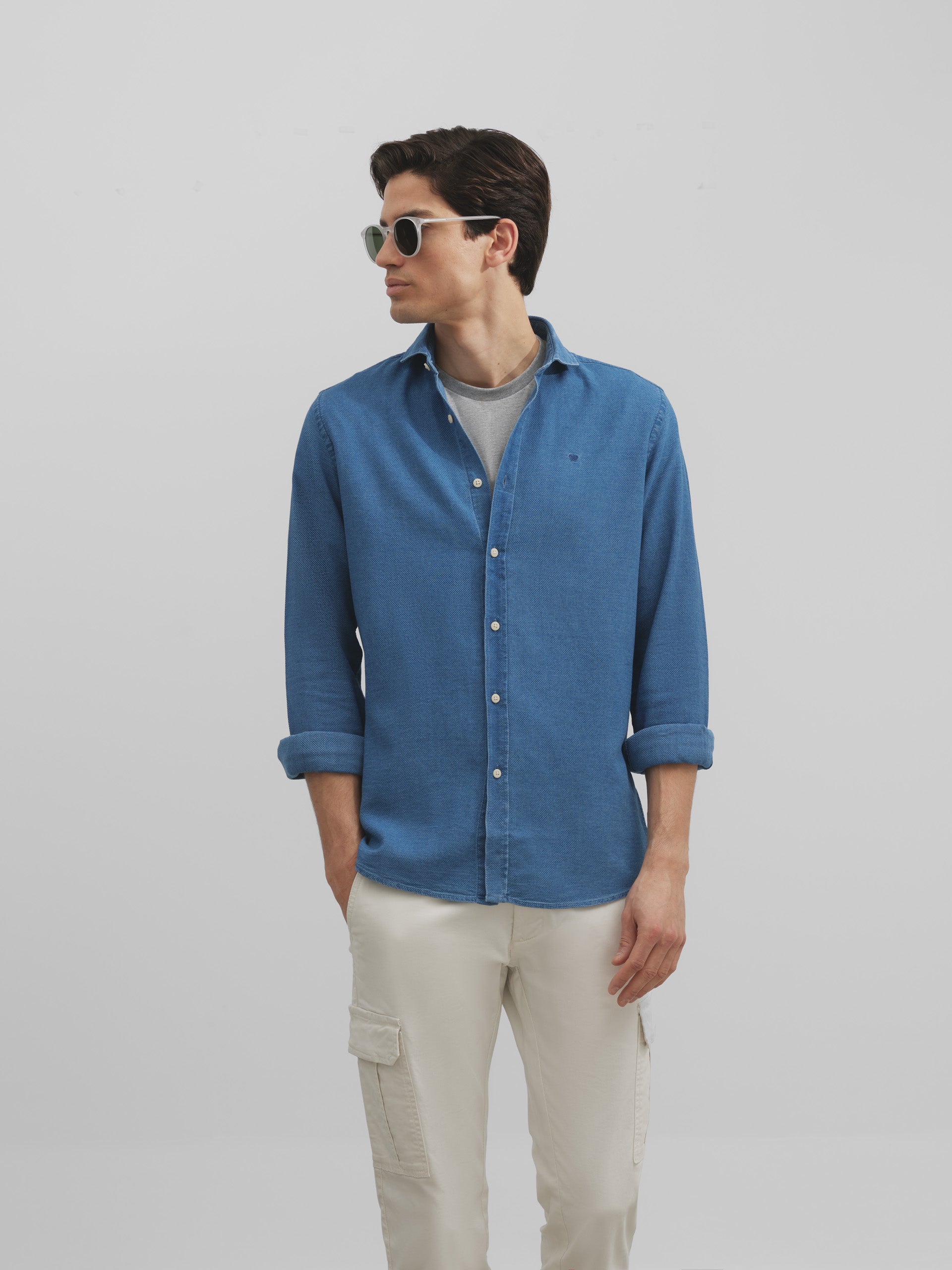 Medium blue denim structured sport shirt