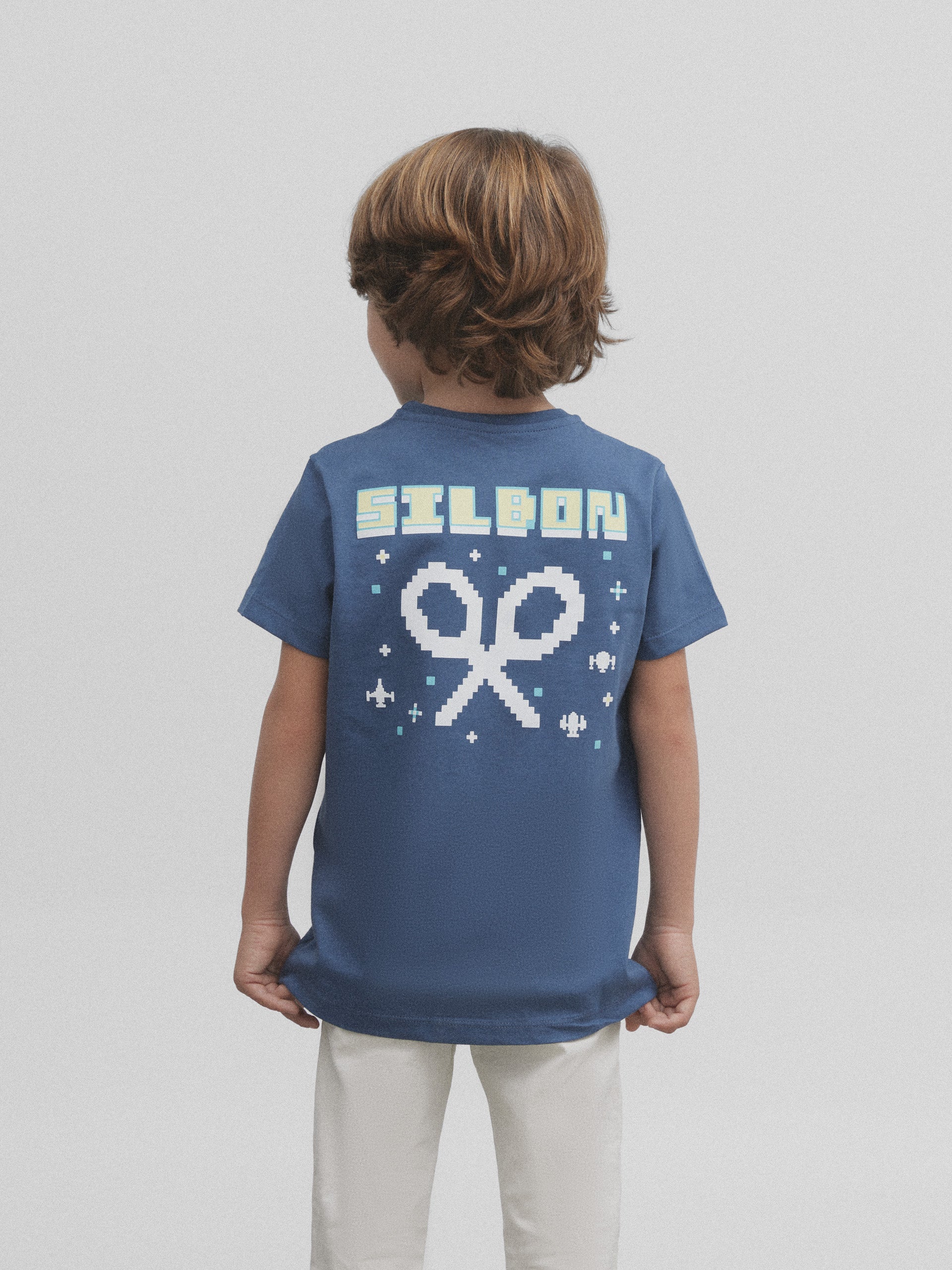 kids space invaders blue t-shirt