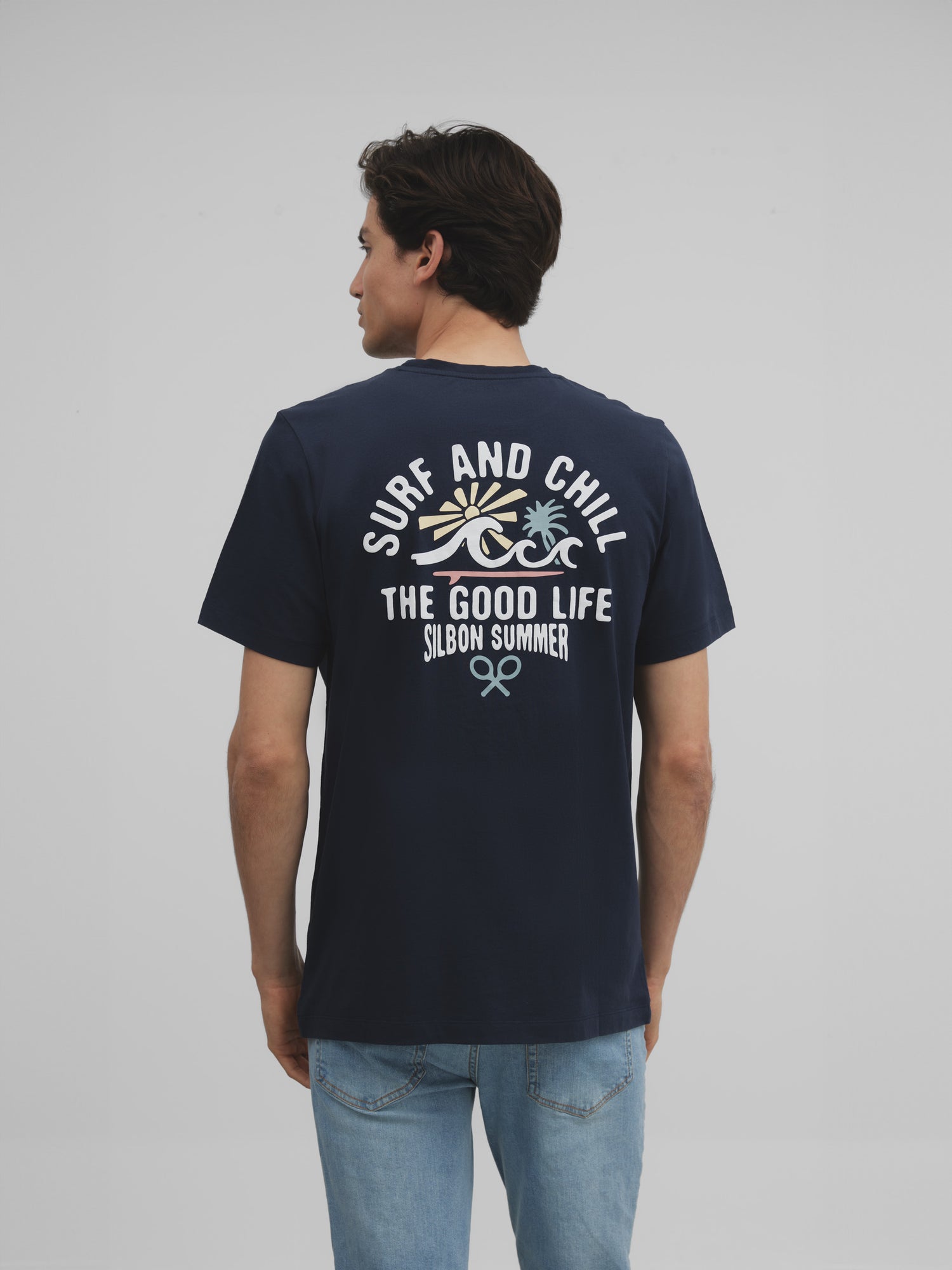 Navy blue surf and chill t-shirt