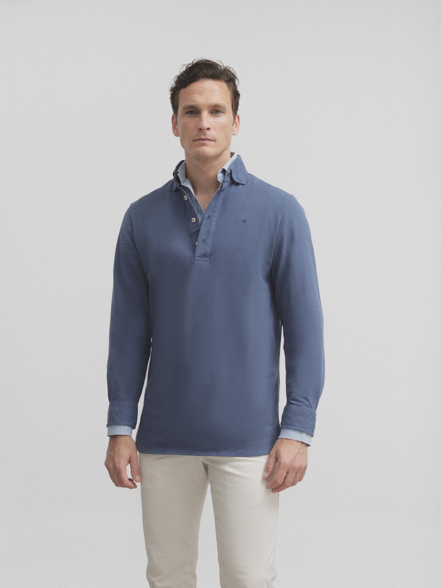 Medium blue plain long sleeve polo shirt