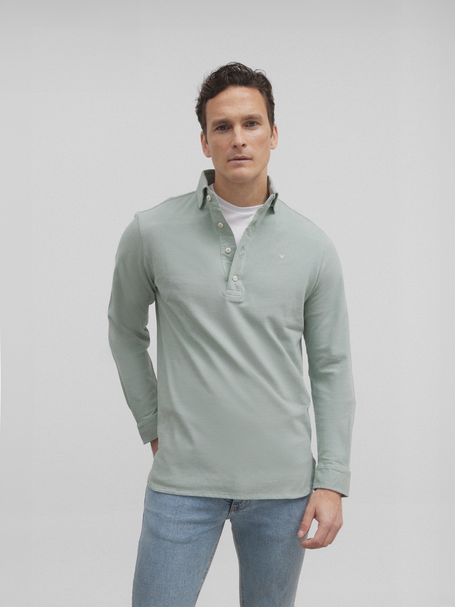 Medium green long sleeve plain polo shirt