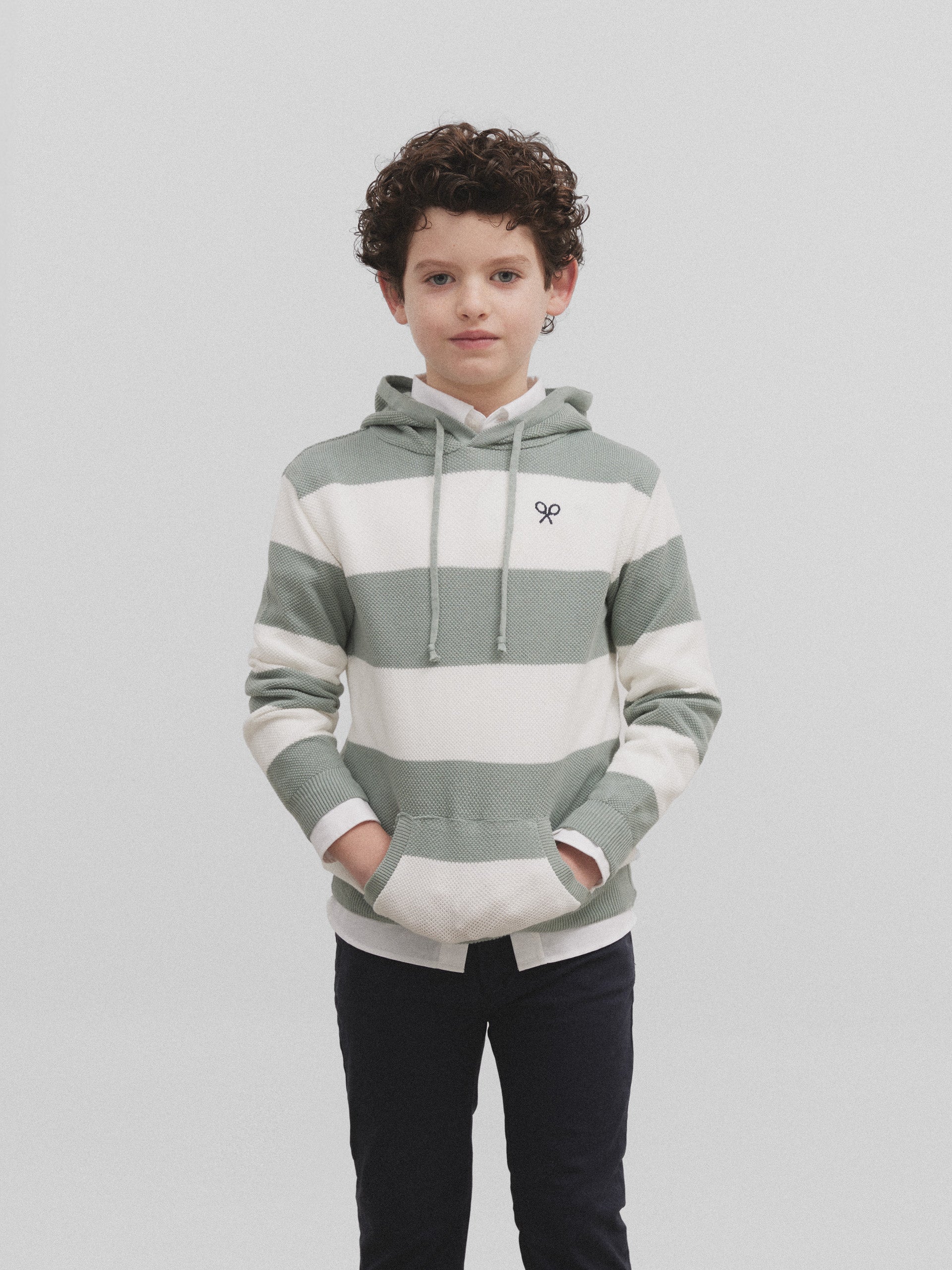 Kids green wide stripe hooded sweater