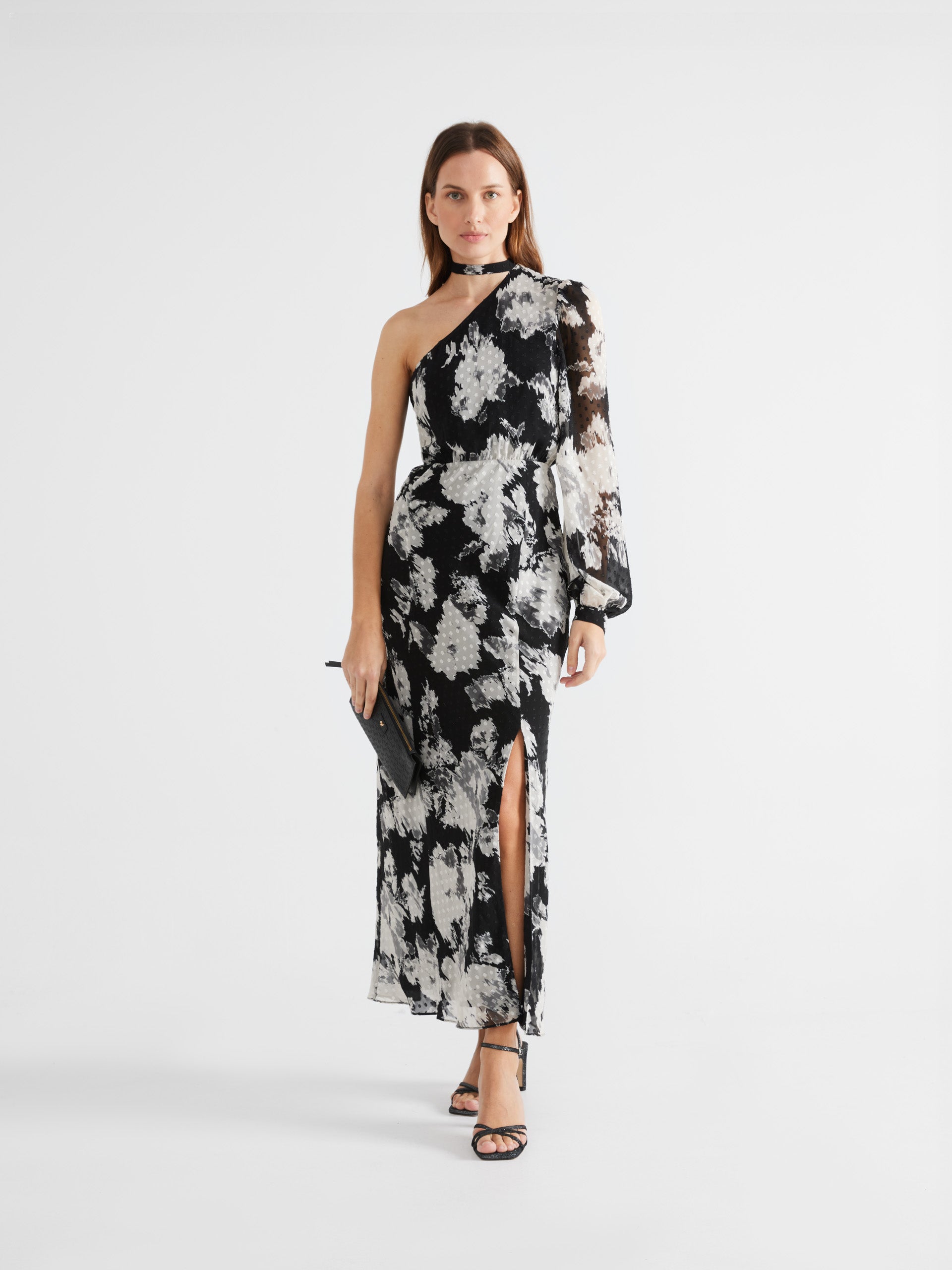 Black plumetti print asymmetrical dress