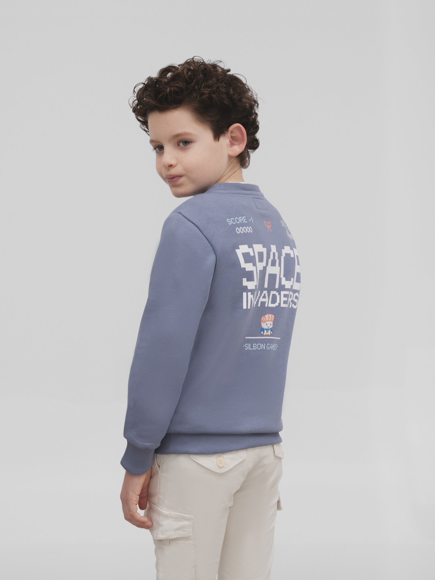 kids space invaders sweatshirt gray blue