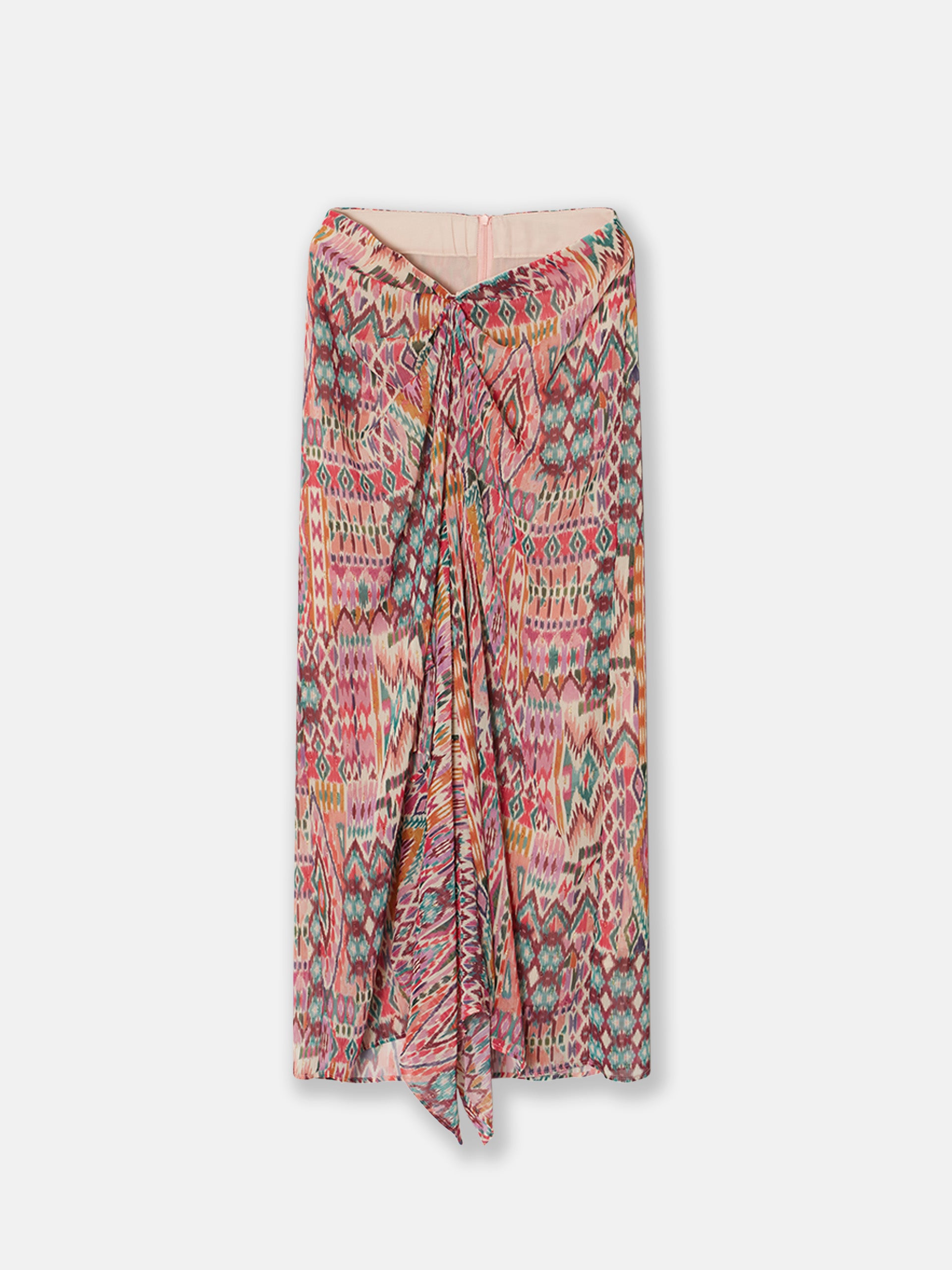 Pink ikat lurex print knot skirt