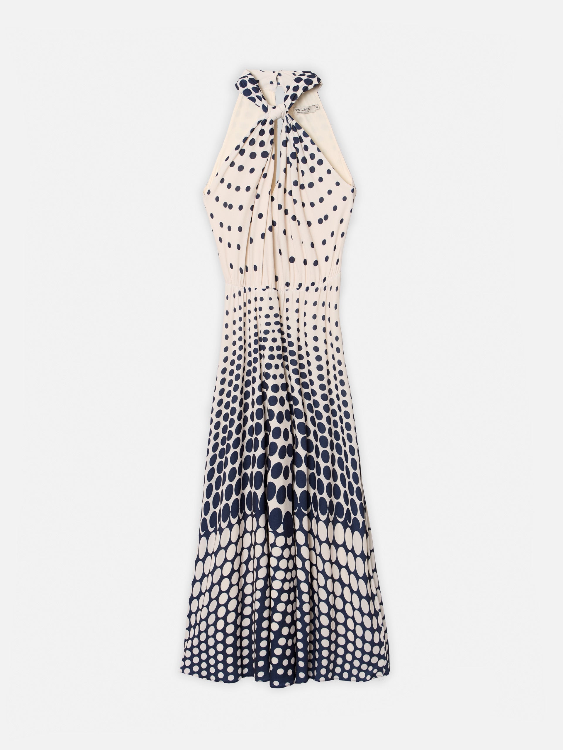 Long navy blue polka dot knit dress