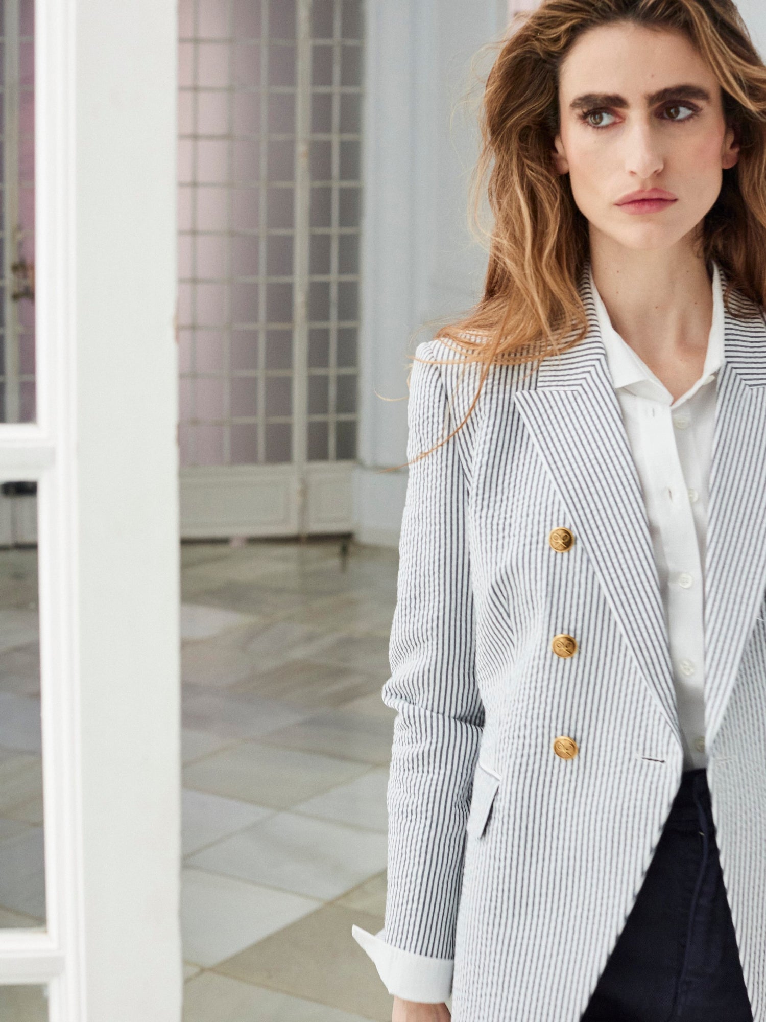 Blue striped double-breasted woman blazer