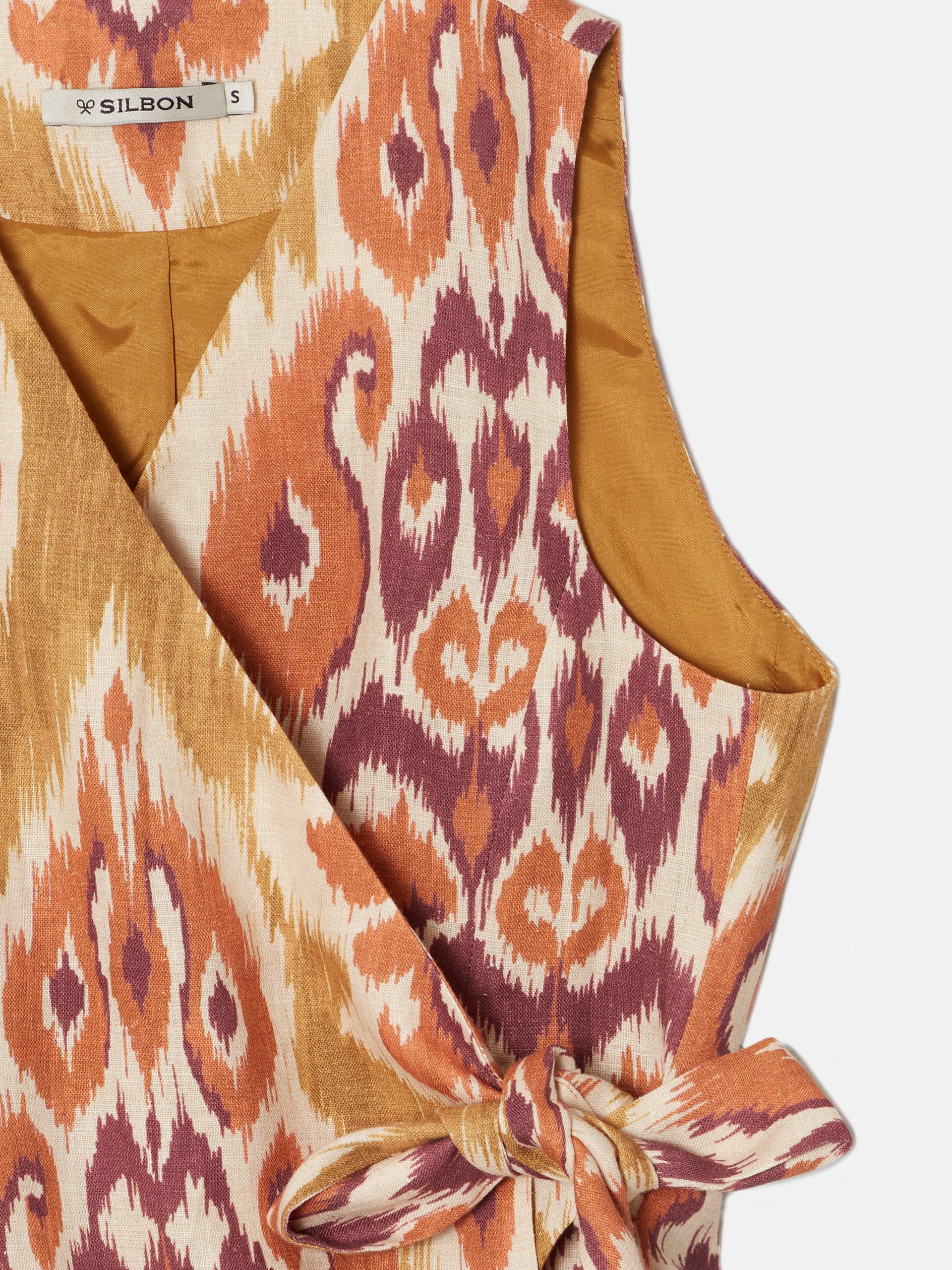 Camel ikat printed linen bow vest