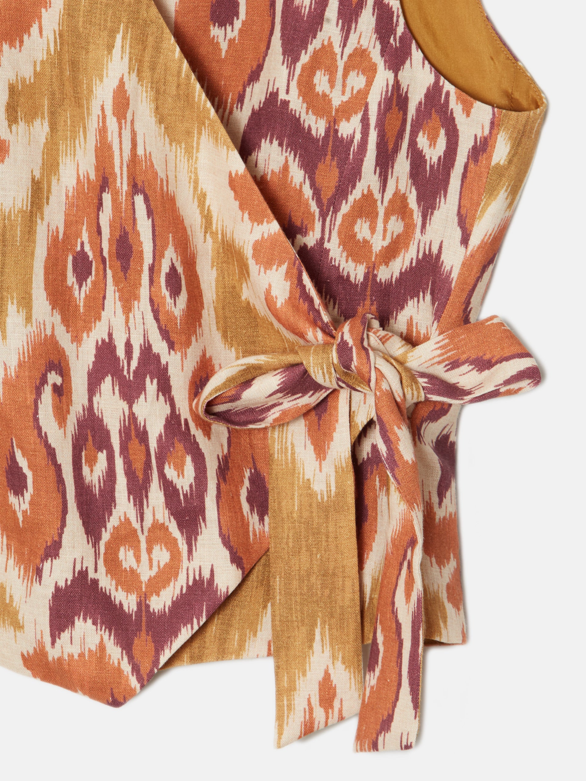 Camel ikat printed linen bow vest