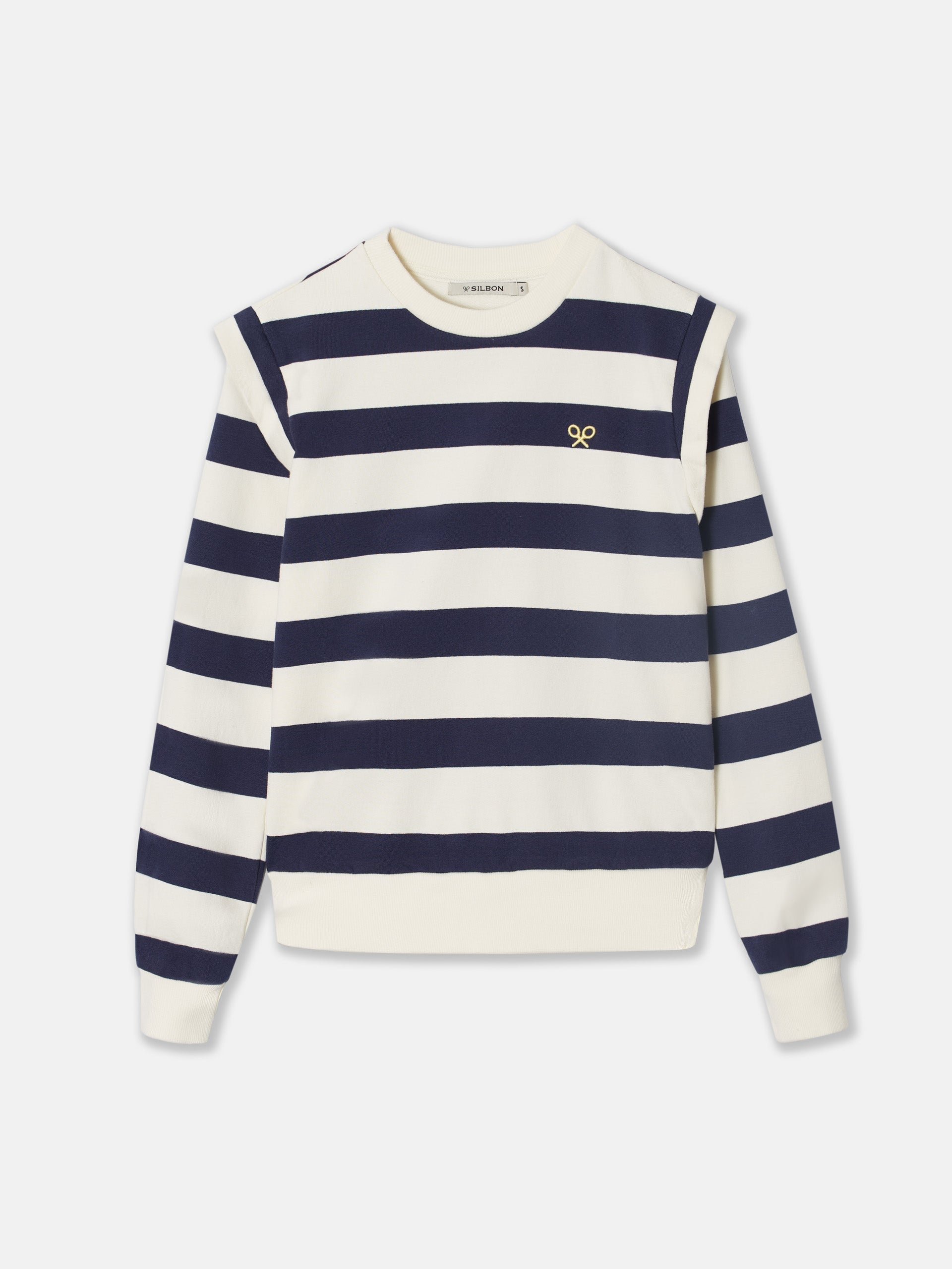 Navy blue and ecru striped women's sweatshirt