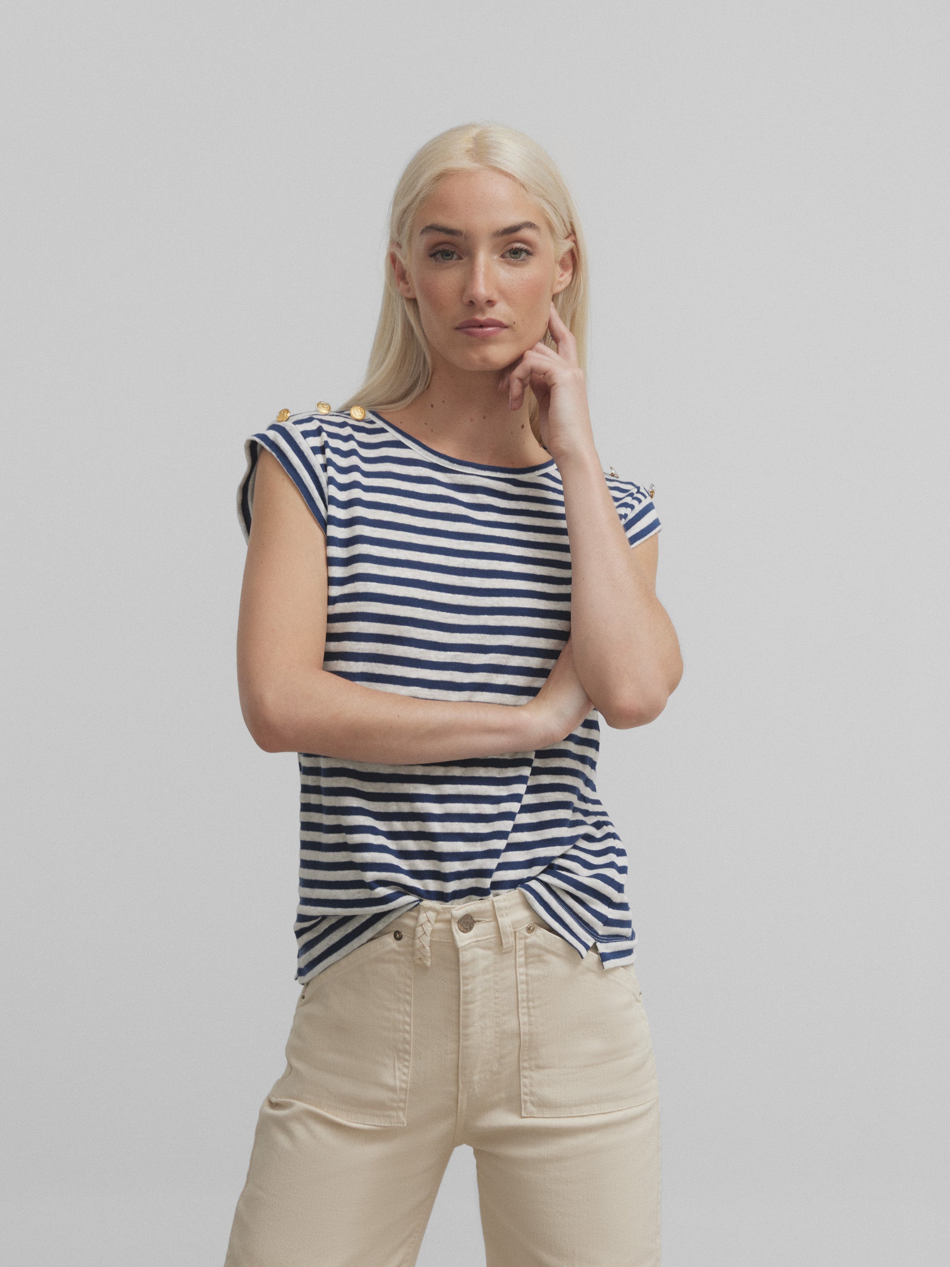 Navy blue and ecru striped linen t-shirt