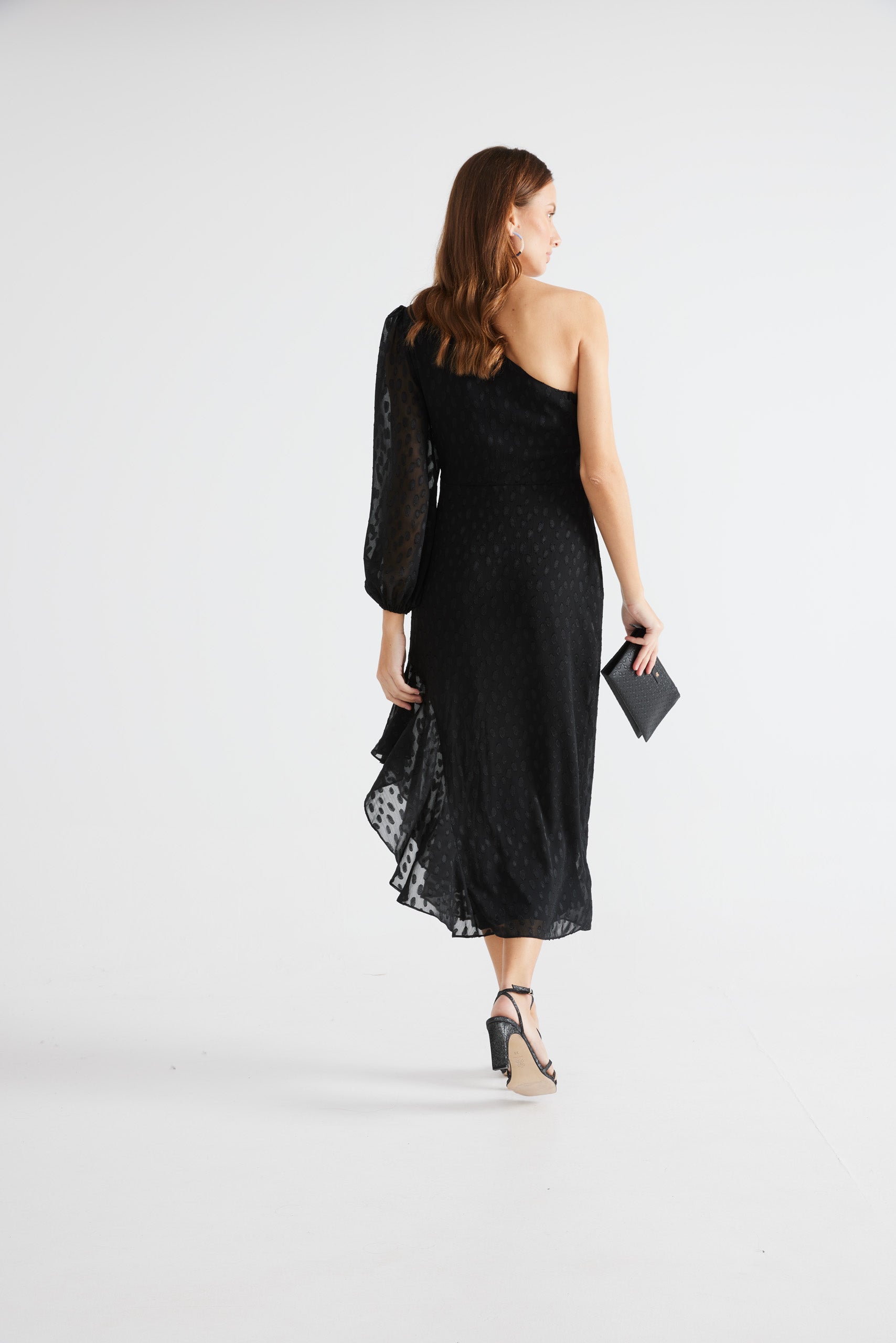 Asymmetrical black plumeti dress