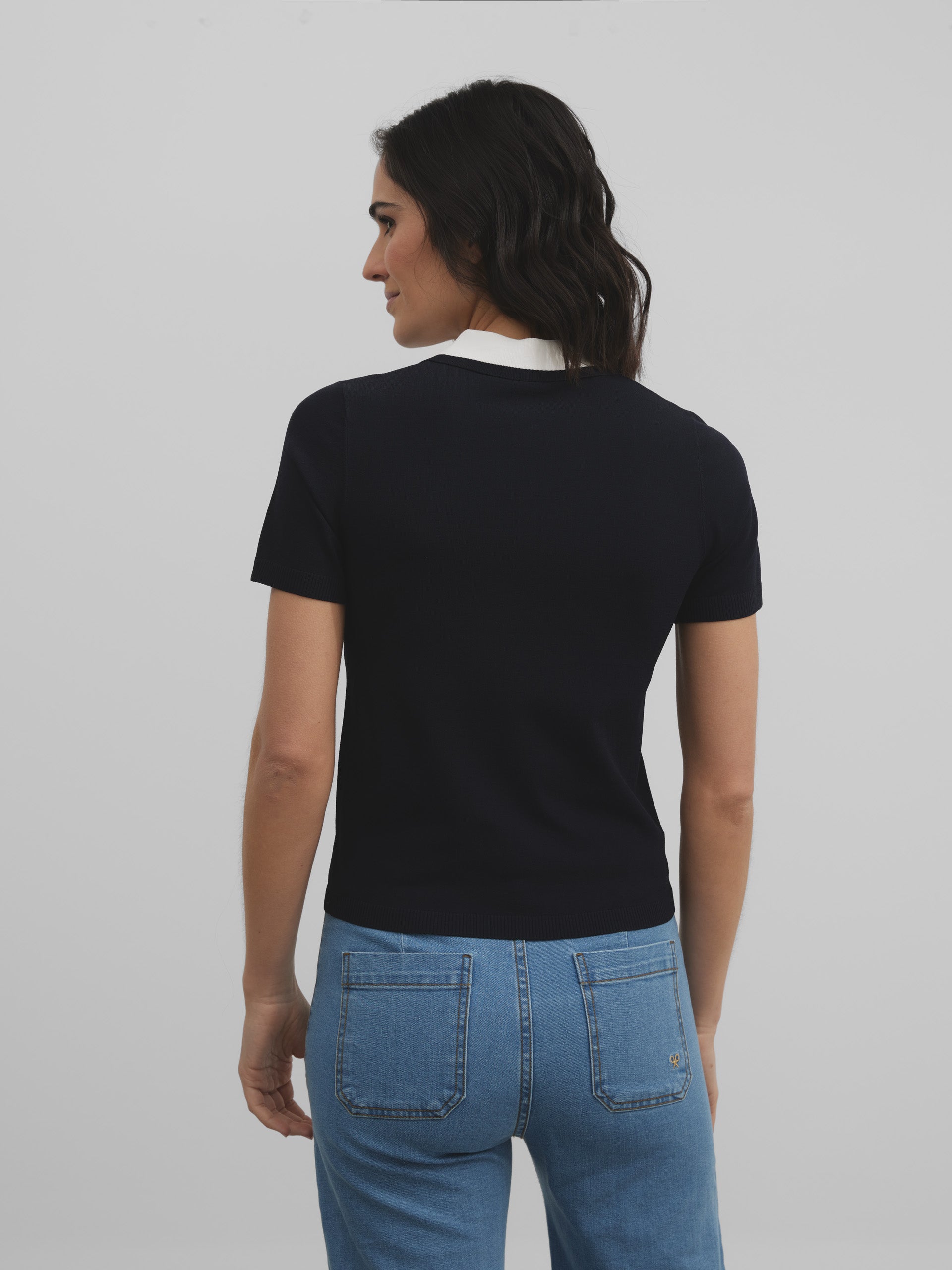 Women's Silbon knit polo with navy buttons