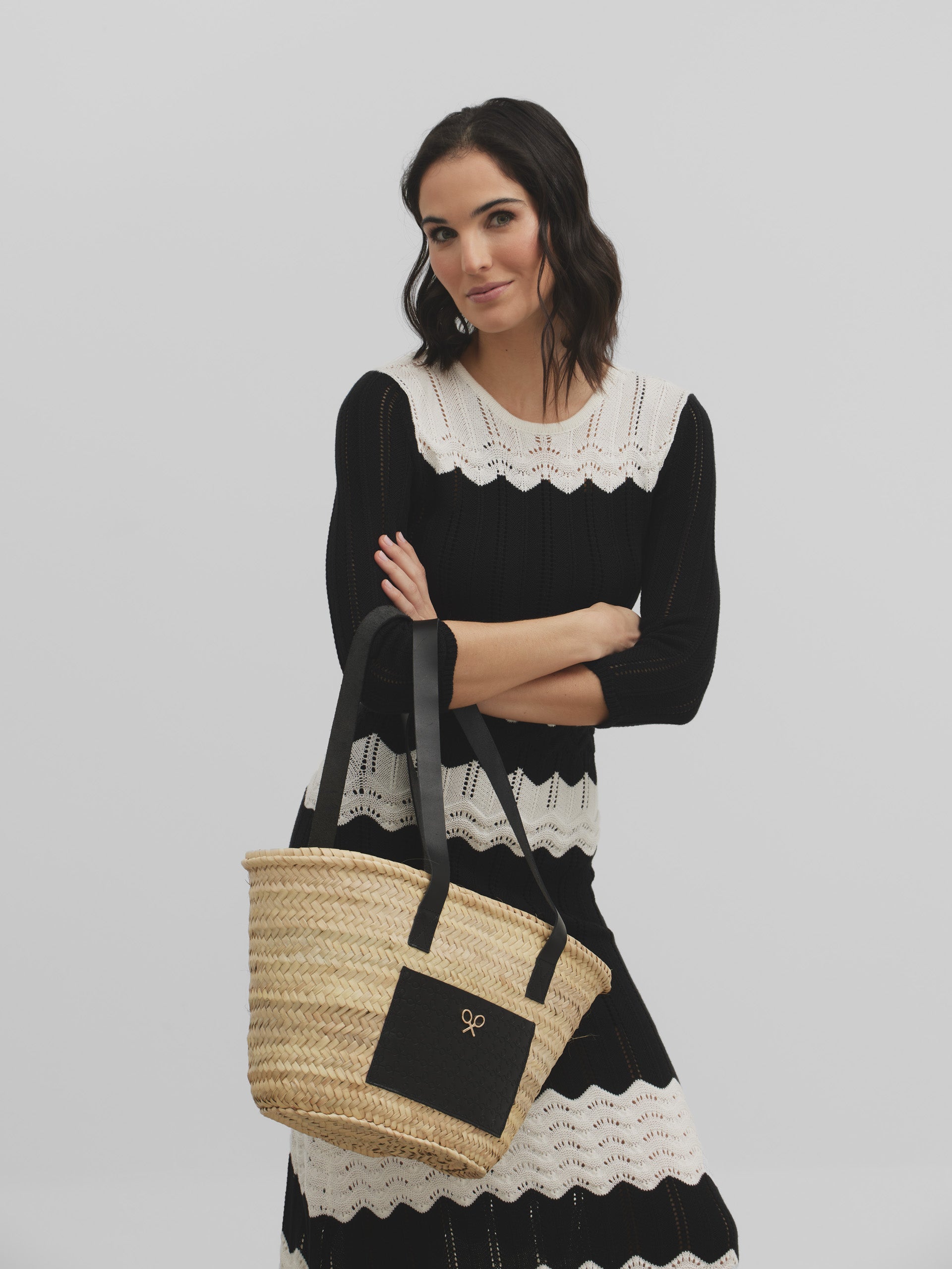 Black and white French sleeve knit dress