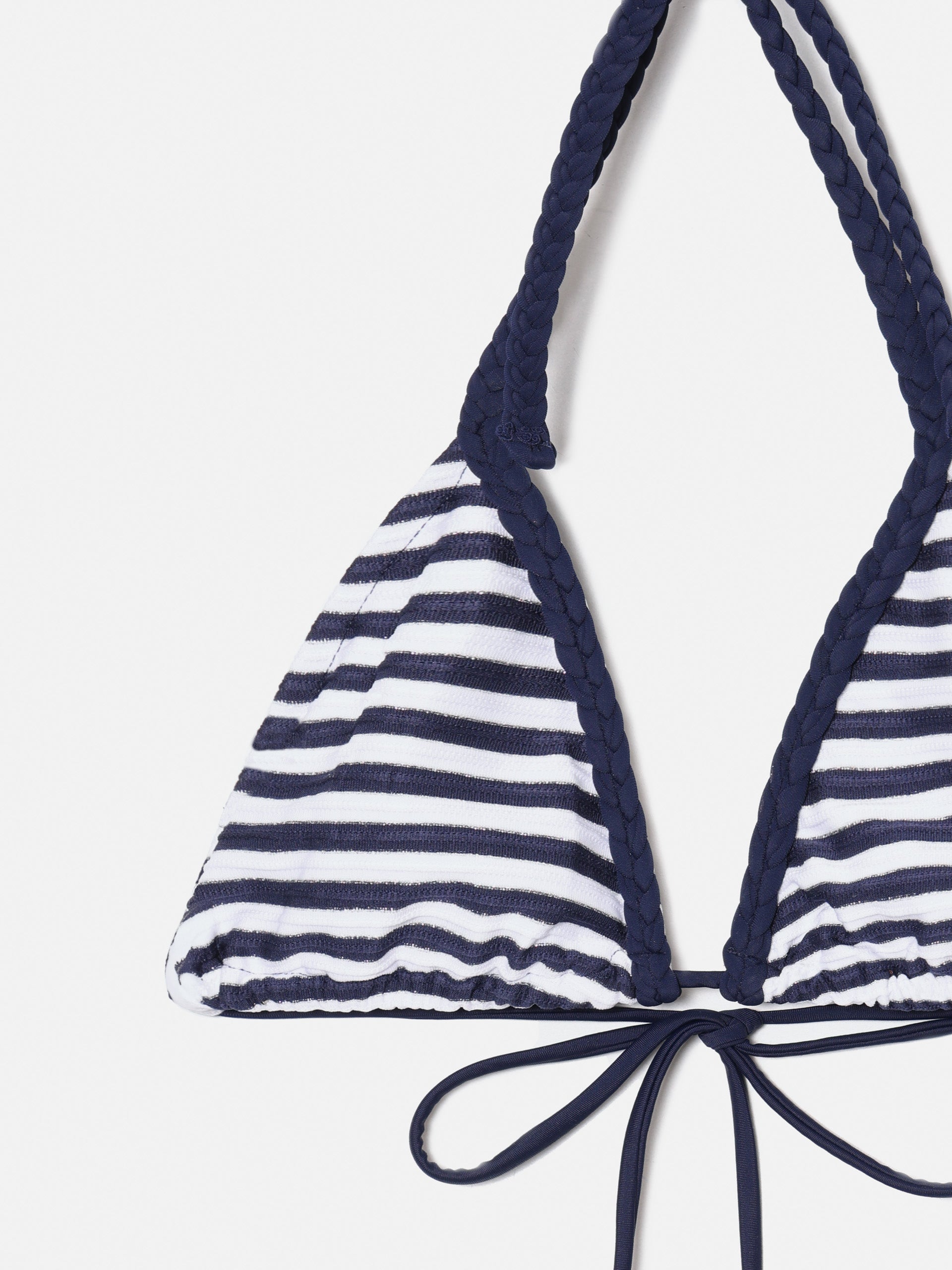Blue lurex striped triangle bikini top