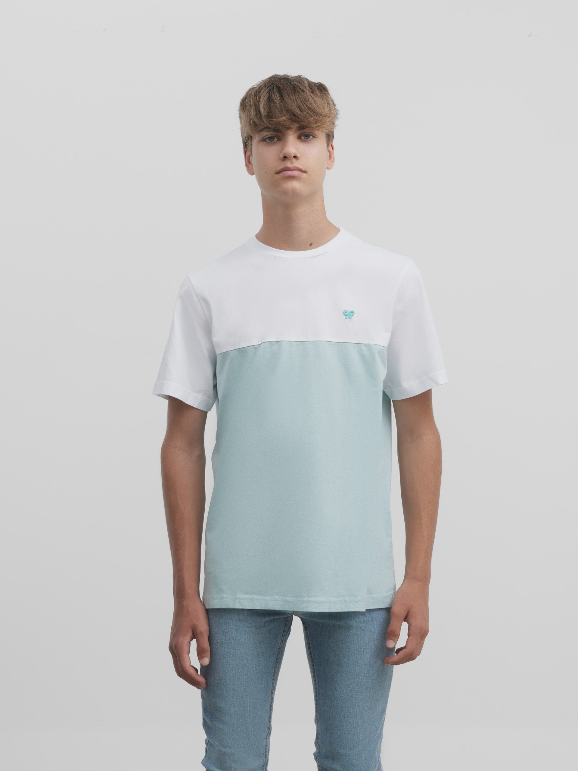 T-shirt blanc aigue-marine bicolore