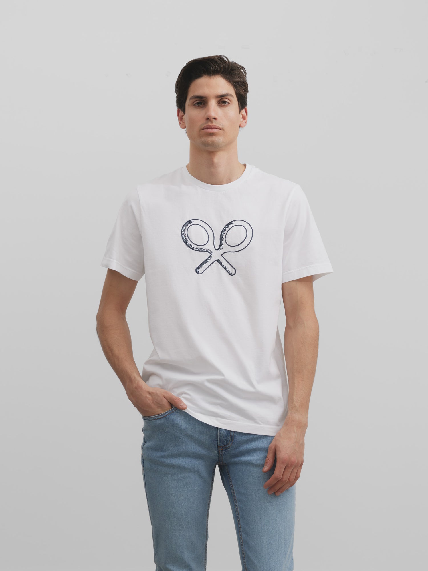 White embroidered racket t-shirt