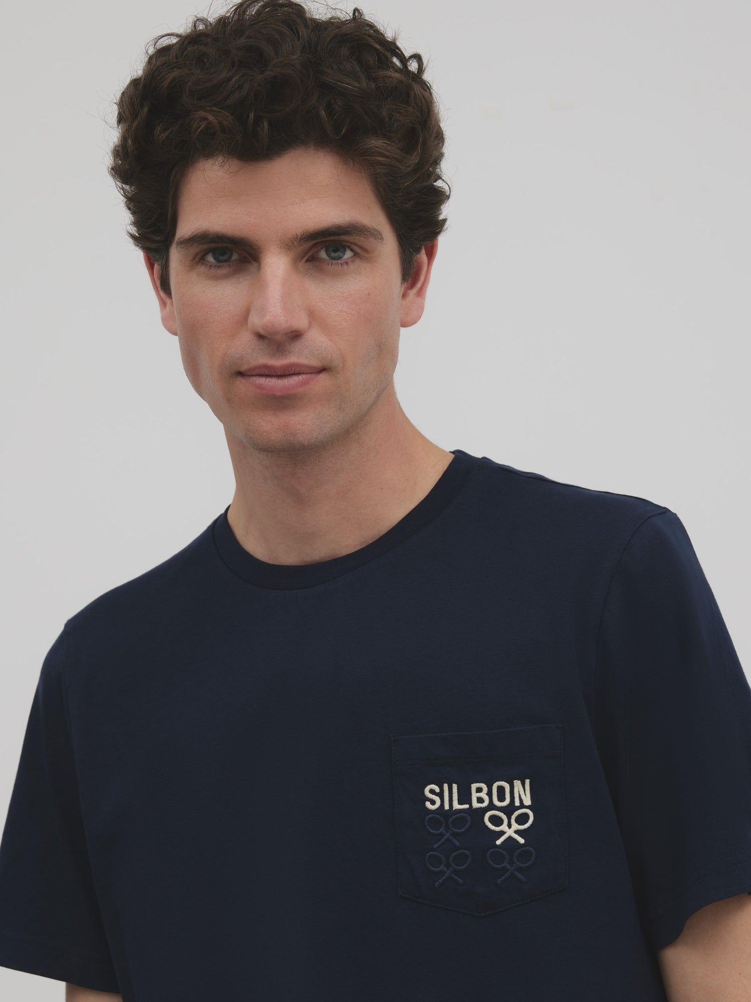 Navy blue mini racquet pocket silbon t-shirt