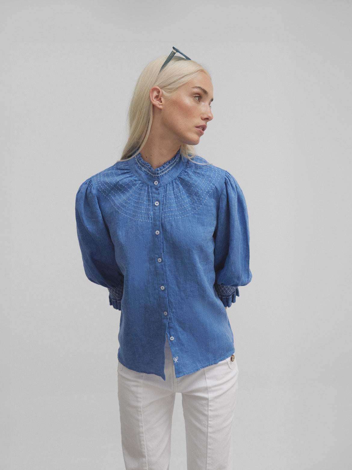 Blue linen French sleeve gathered shirt