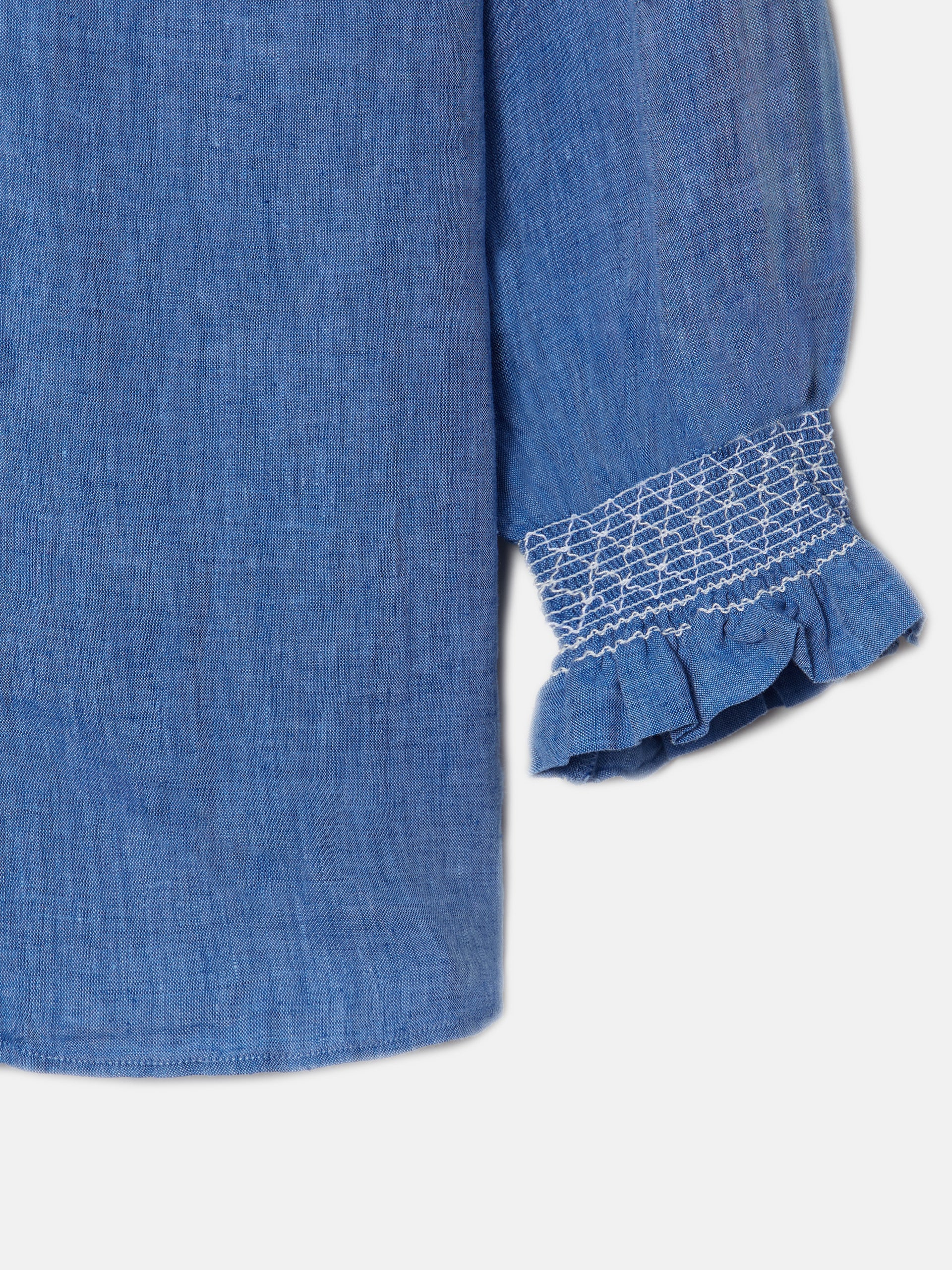 Chemise froncée à manches françaises en lin bleu