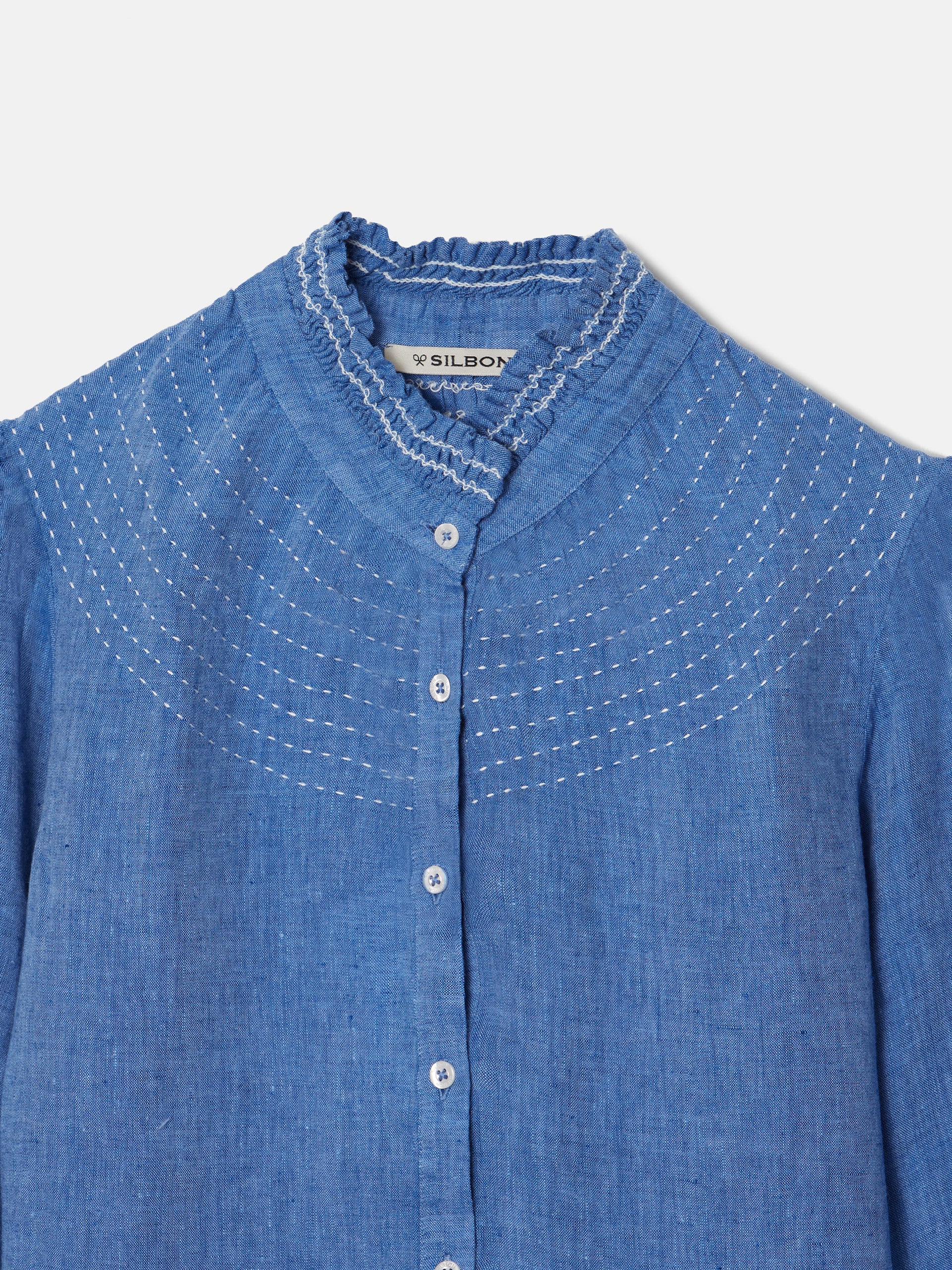 Chemise froncée à manches françaises en lin bleu