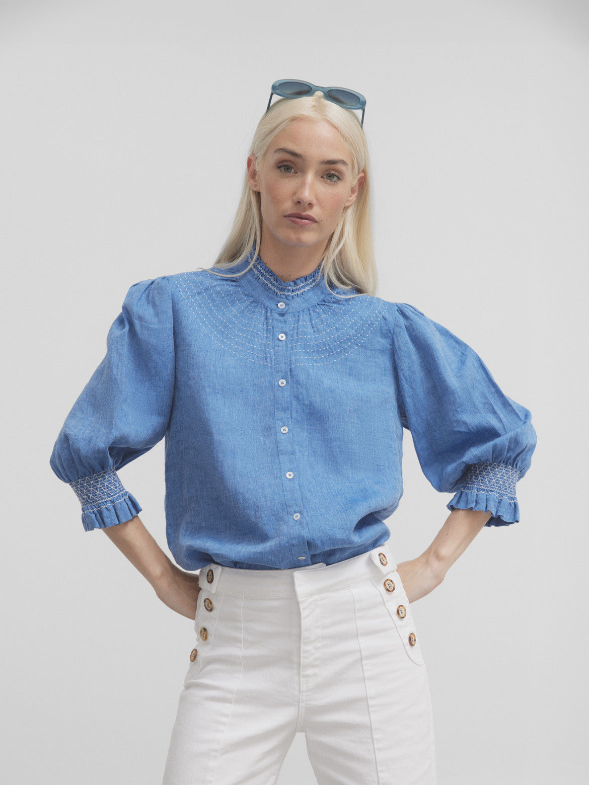Blue linen French sleeve gathered shirt
