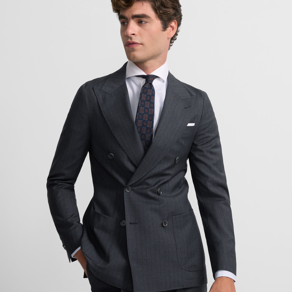 Traje Gris Camisa Azul Rayas Americana Traje Cruzado Diplomatico