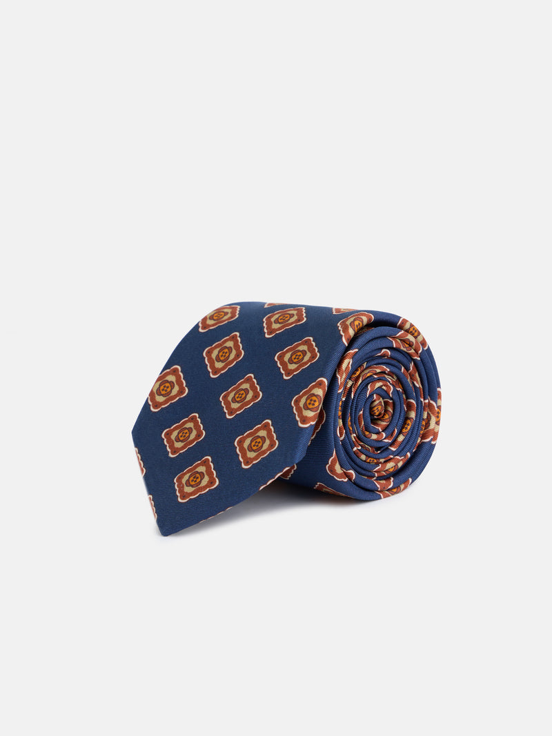 Gravata de seda estampada azulejo azul