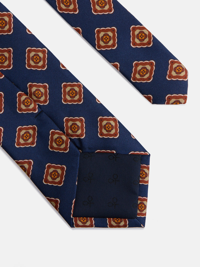 Gravata de seda estampada azulejo azul