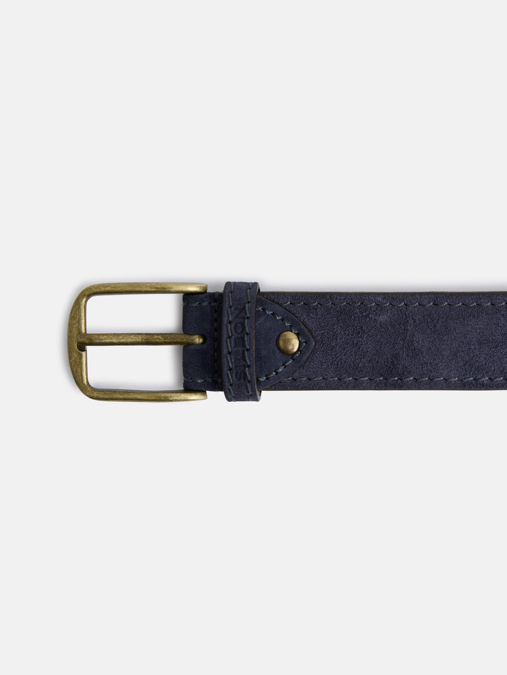 Suede leather belt with indigo blue stitching