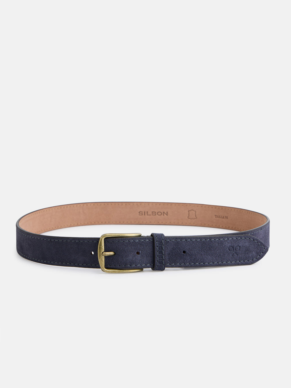 Suede leather belt with indigo blue stitching