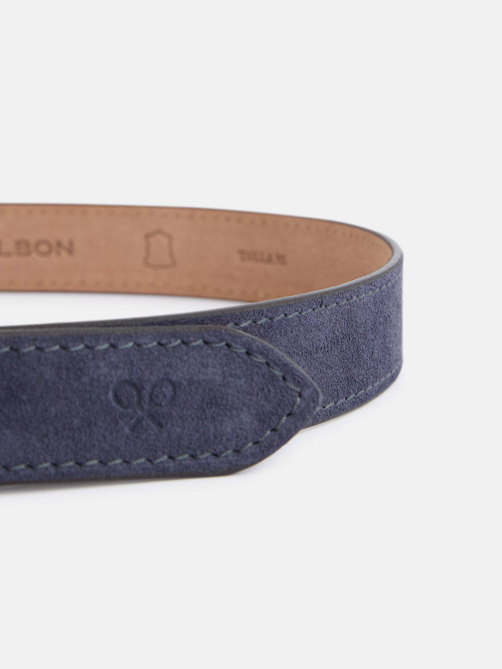 Suede leather belt with indigo blue stitching