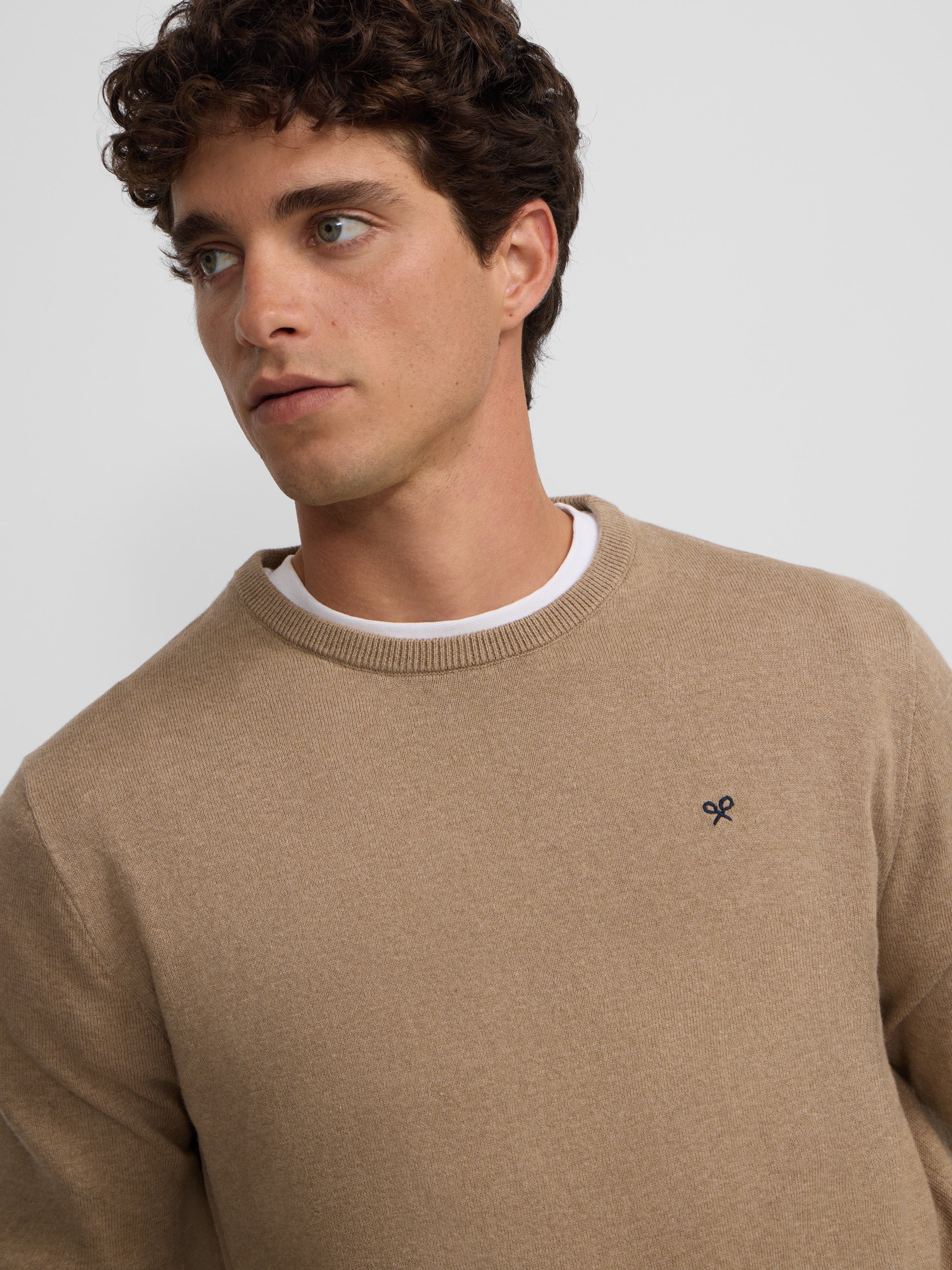 Pull col rond classique beige foncé