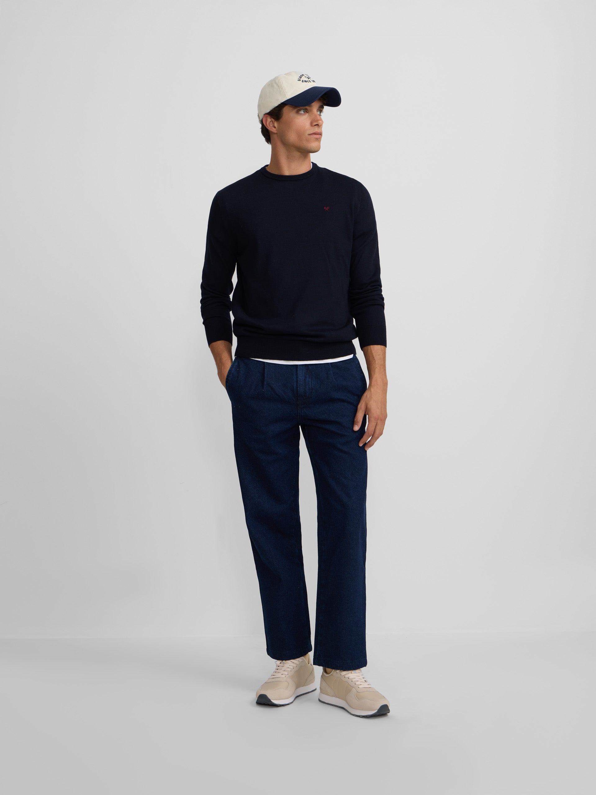 Classic navy blue round neck sweater