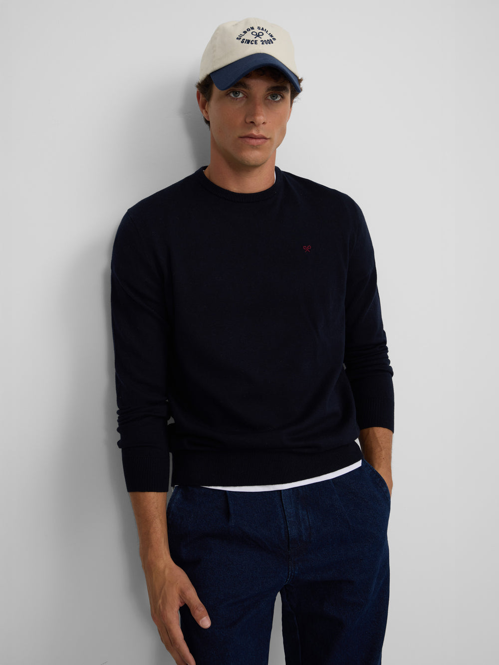 Classic navy blue round neck sweater