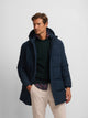 Long padded coat with navy blue hood
