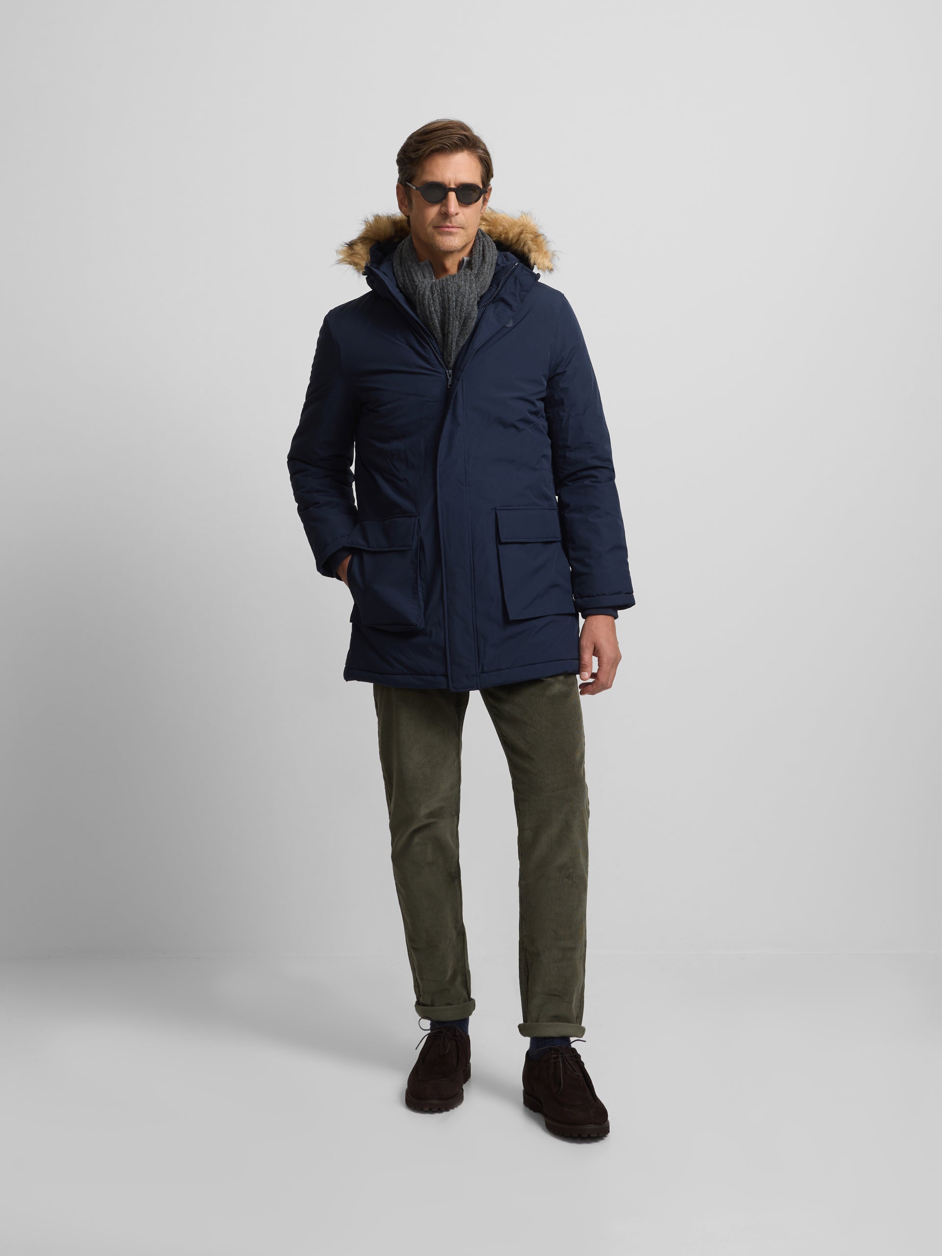 Long technical coat with navy blue hood