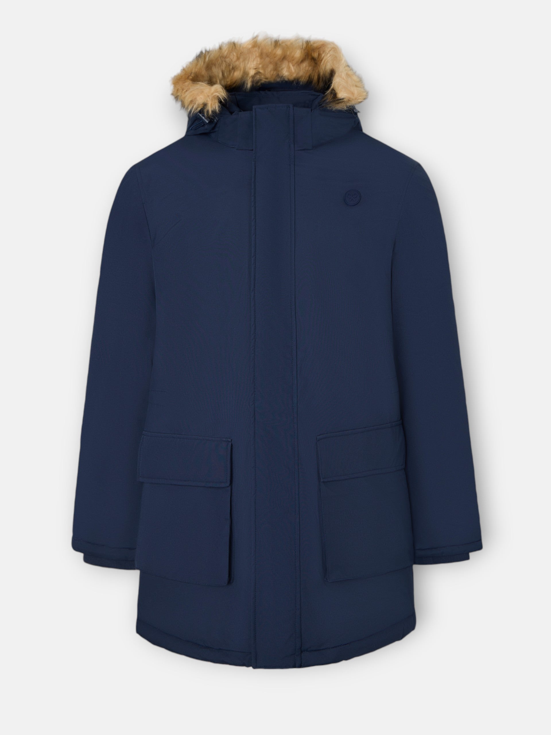 Long technical coat with navy blue hood