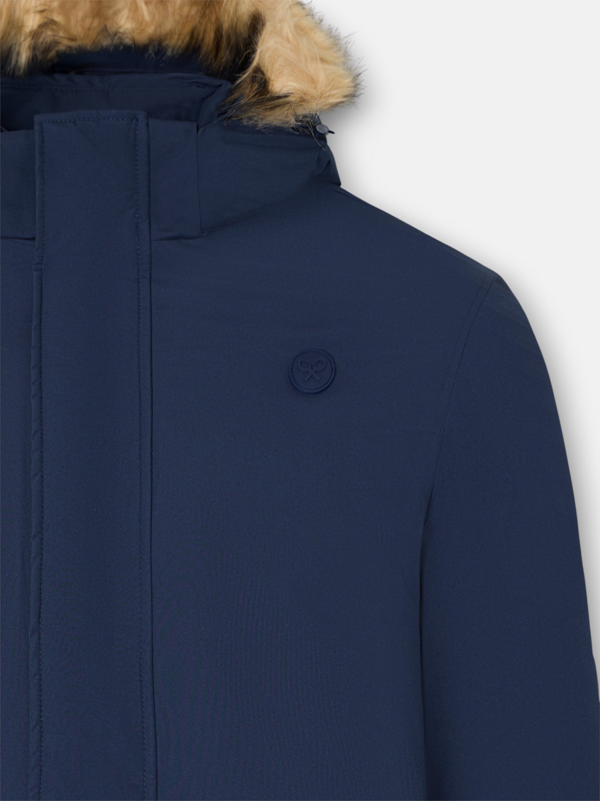 Long technical coat with navy blue hood