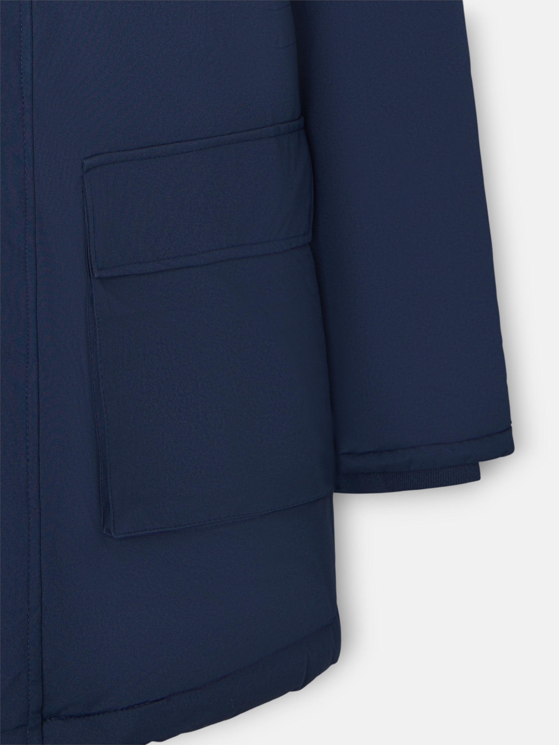 Long technical coat with navy blue hood