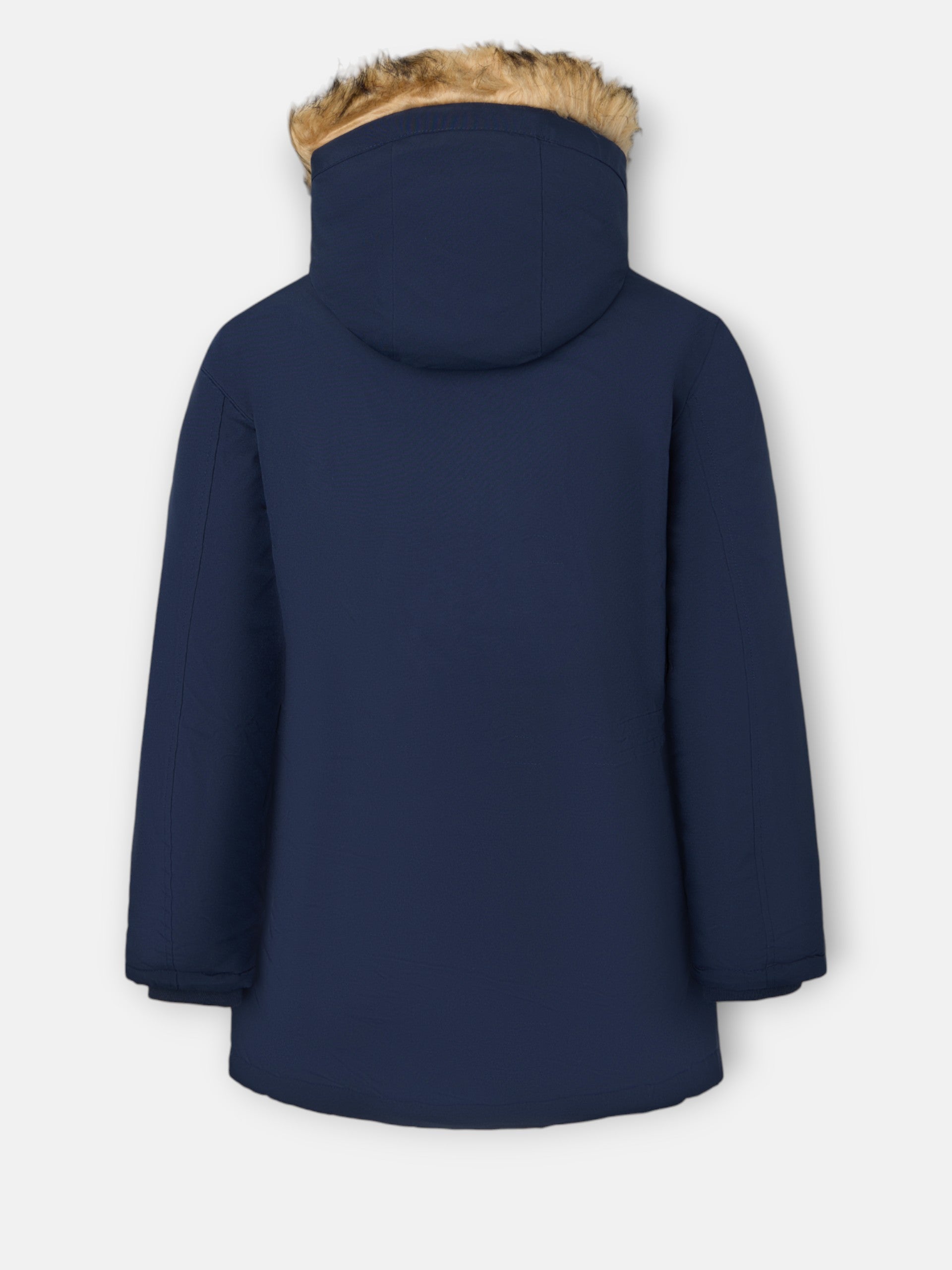 Long technical coat with navy blue hood