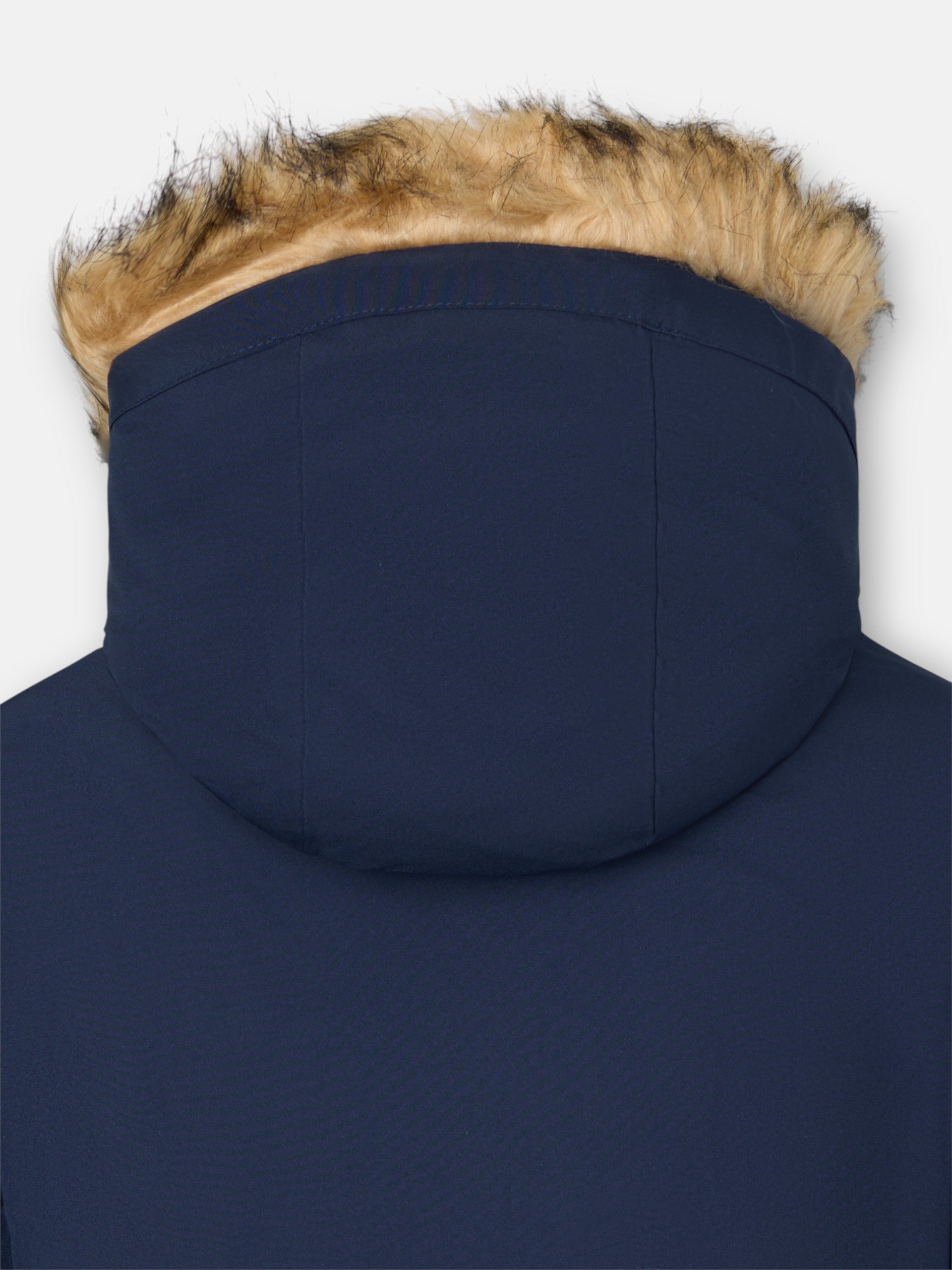 Long technical coat with navy blue hood