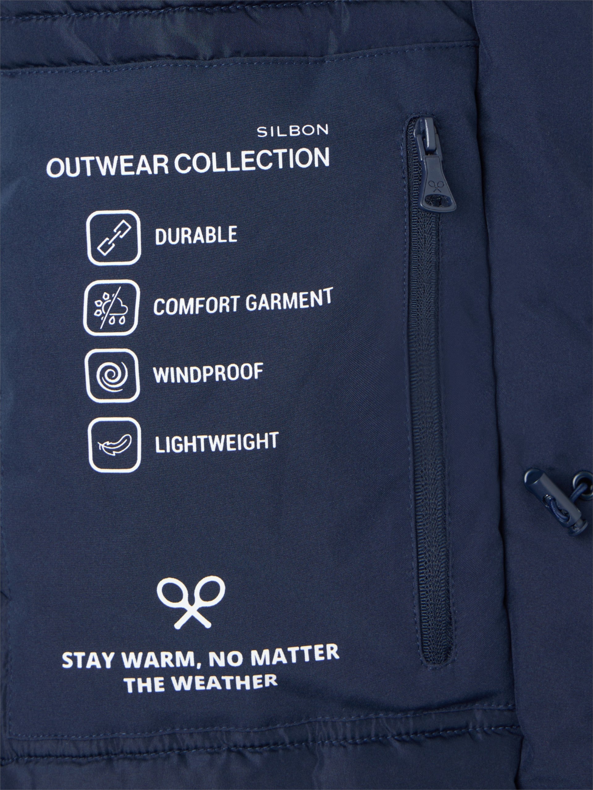 Long technical coat with navy blue hood