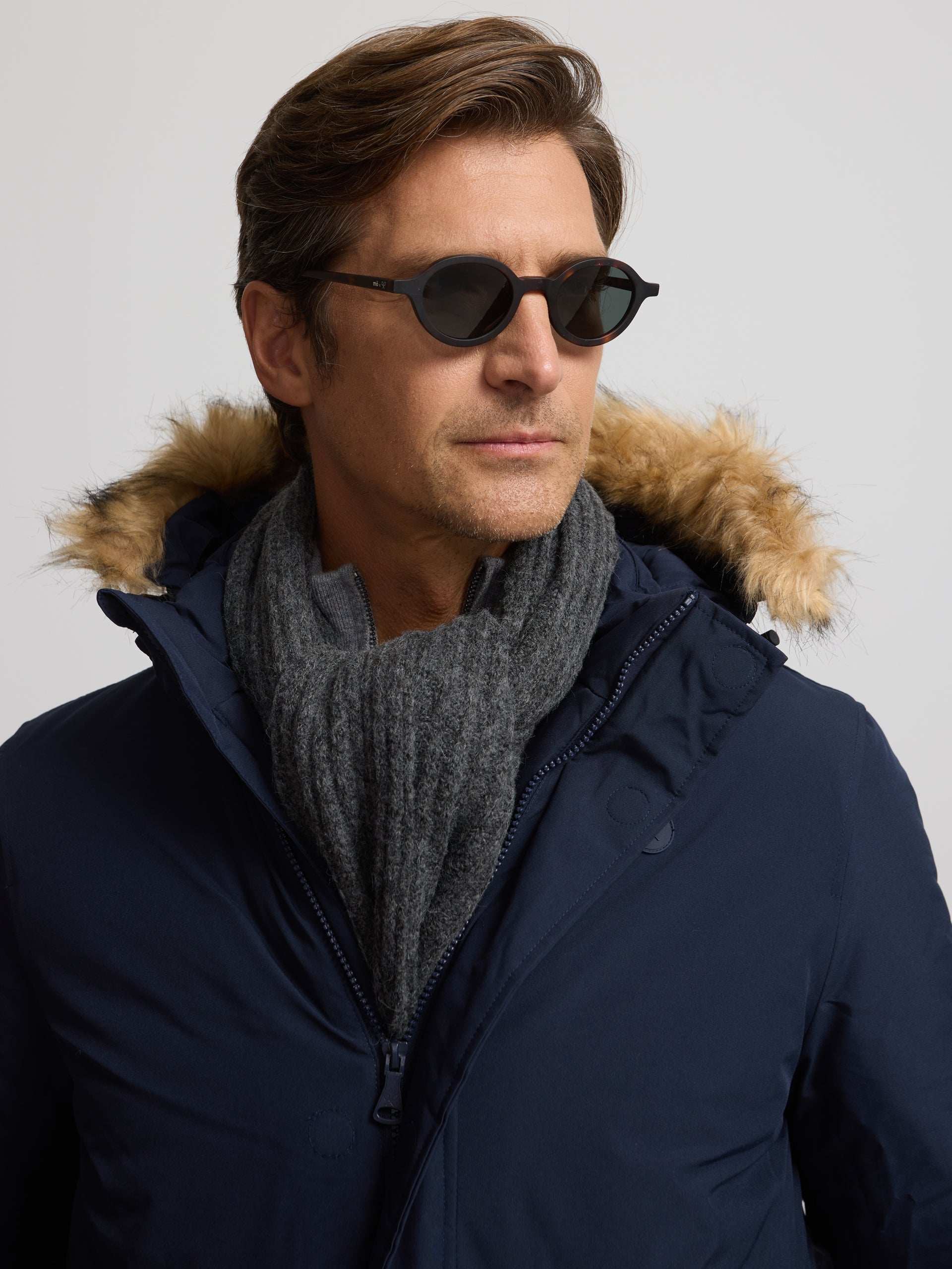 Long technical coat with navy blue hood