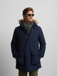 Long technical coat with navy blue hood