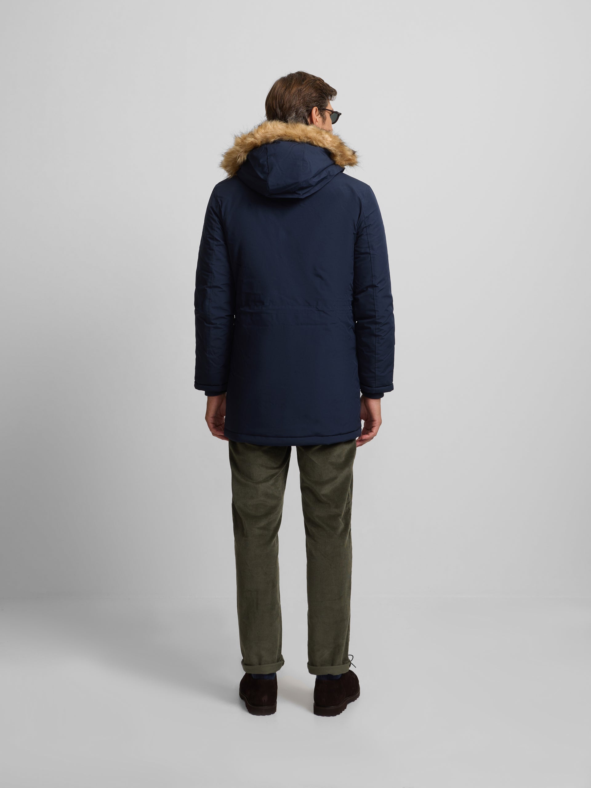 Long technical coat with navy blue hood