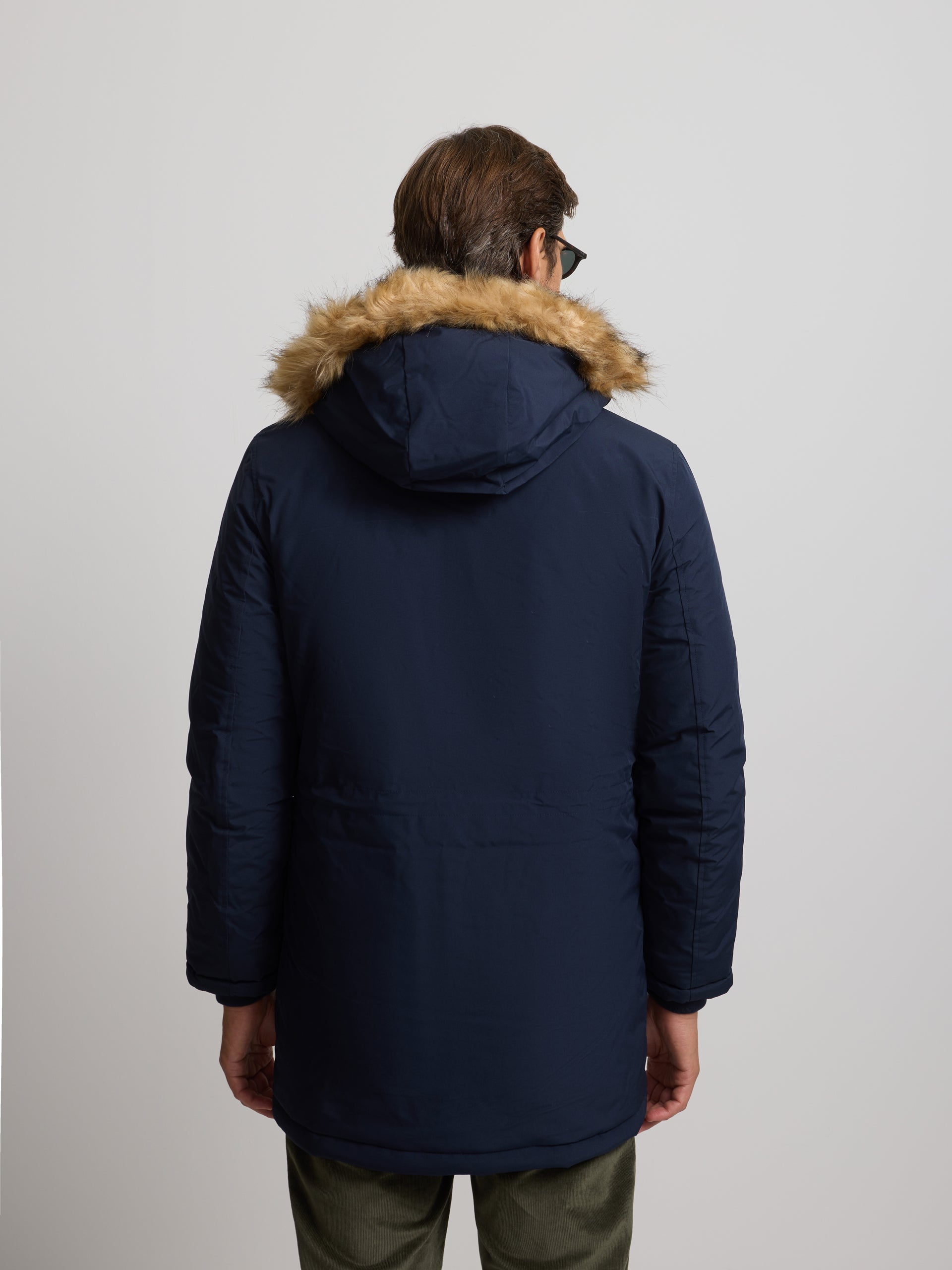 Long technical coat with navy blue hood