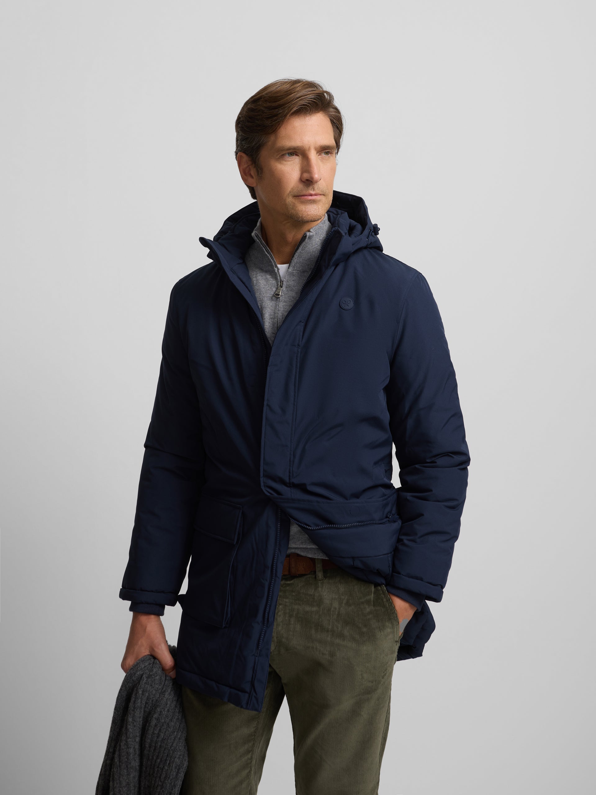 Long technical coat with navy blue hood