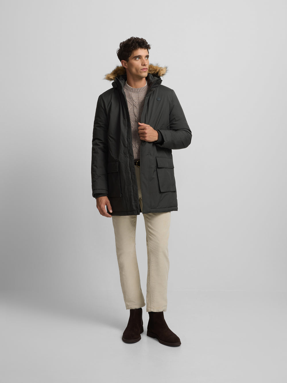 Long technical coat with green hood